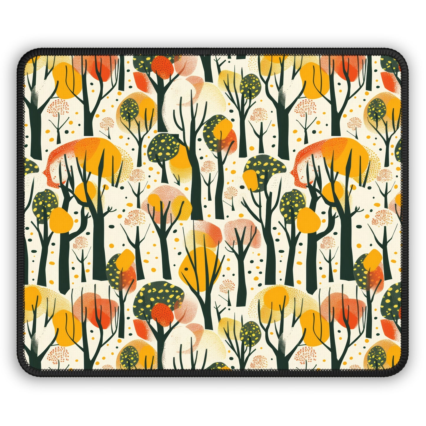 Enchanted Forest of Yellow and Orange Trees on a Speckled Cream Background Gaming Mouse Pad with Finished Edges