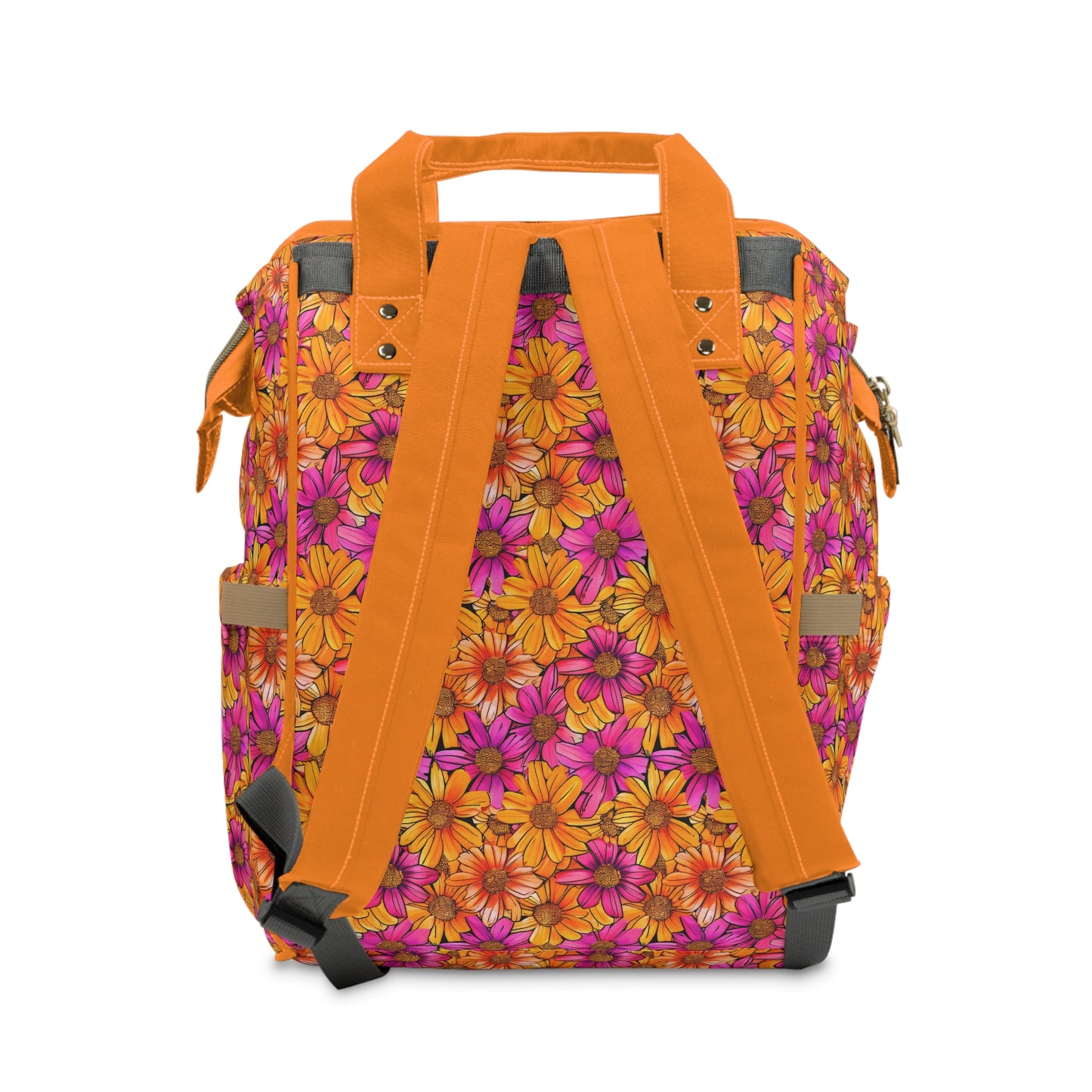 Vibrant Daisy Delight with Bold Orange and Pink Flowers Multifunctional Diaper Backpack