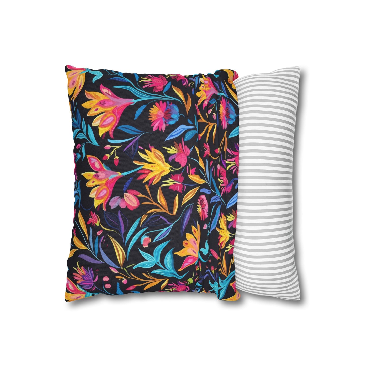 Vibrant Floral Fantasy in Midnight Garden Design Spun Polyester Square Pillowcase 4 Sizes