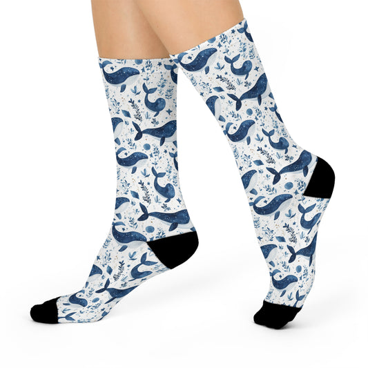 Dreamy Starry Blue Whale Wonderland Cushioned Crew Socks