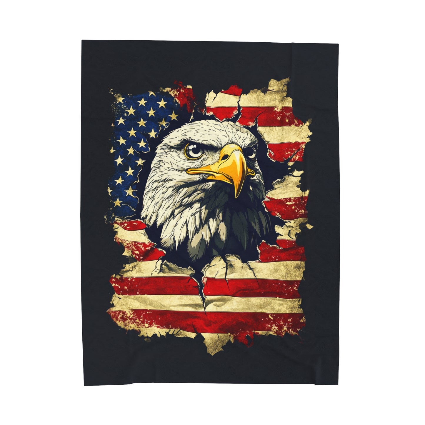 Bold Patriotism American Bald Eagle and Tattered American Flag Velveteen Plush Blanket 3 Sizes