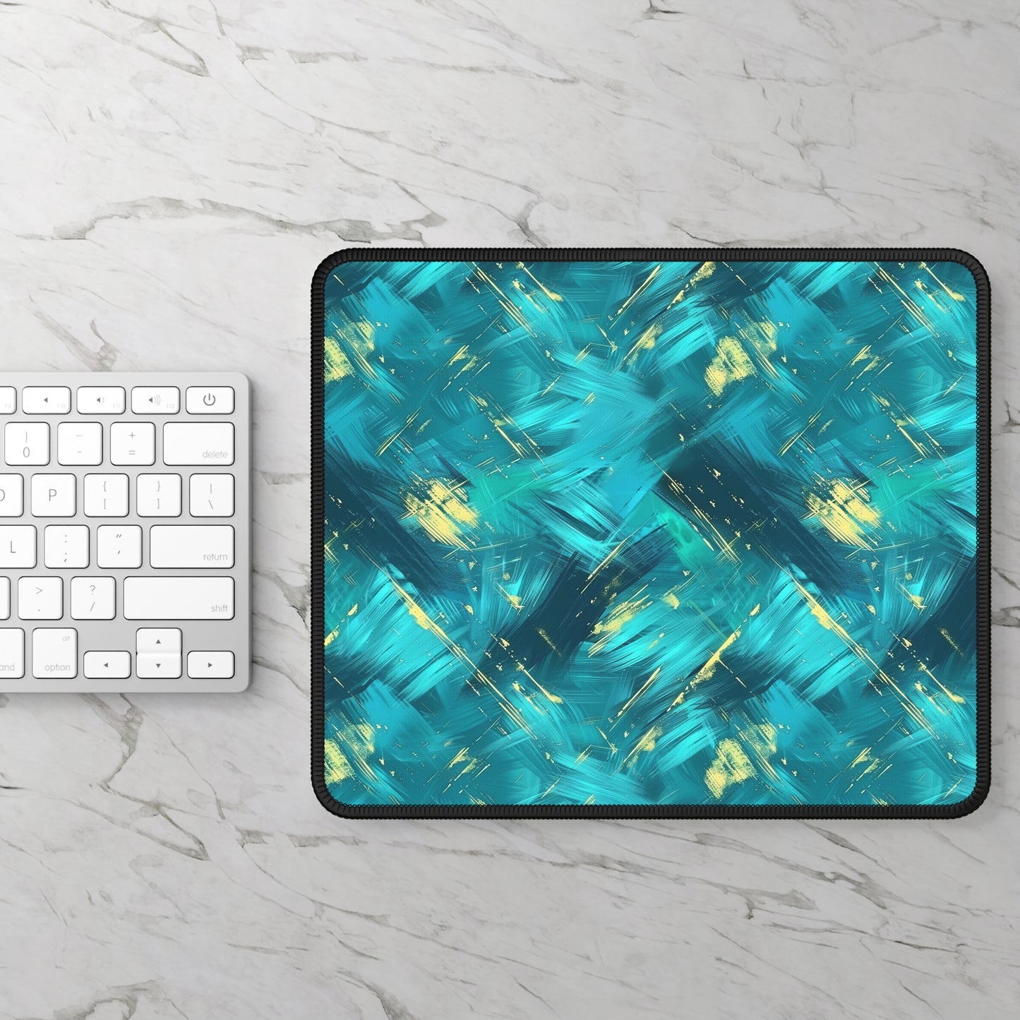 Vibrant Teal and Gold Abstract Brushstroke Pattern Mouse Pad with Finished Edges