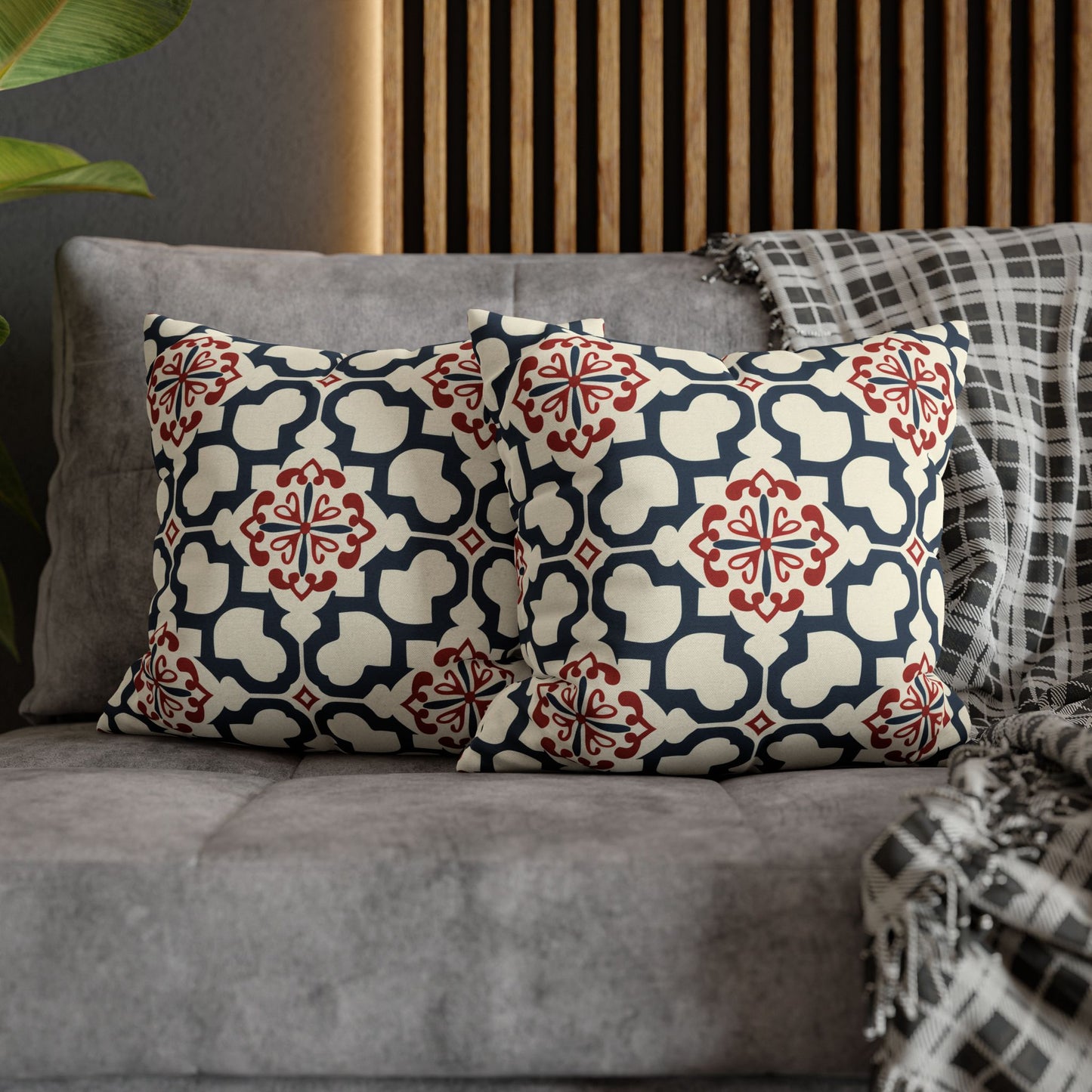 Traditional Korean Elegance in Bold Red and Navy Geometric Tile Pattern Spun Polyester Square Pillowcase 4 Sizes