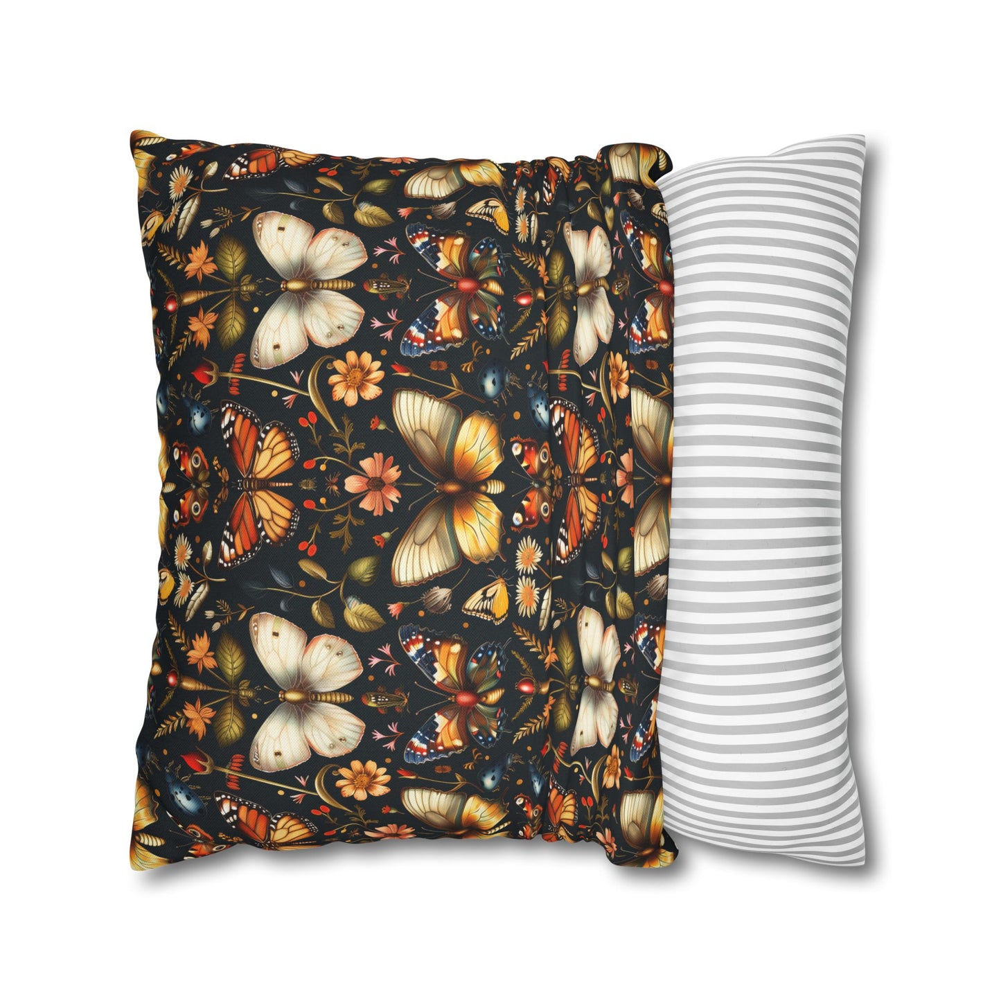 Enchanted Garden of Butterflies and Botanicals in Rich Autumn Hues on a Deep Night Background Polyester Square Pillowcase 4 Sizes