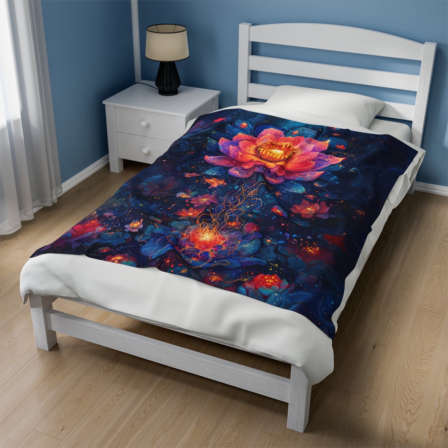 Celestial Lotus Blossom in Magical Night Garden Velveteen Plush Blanket 3 Sizes