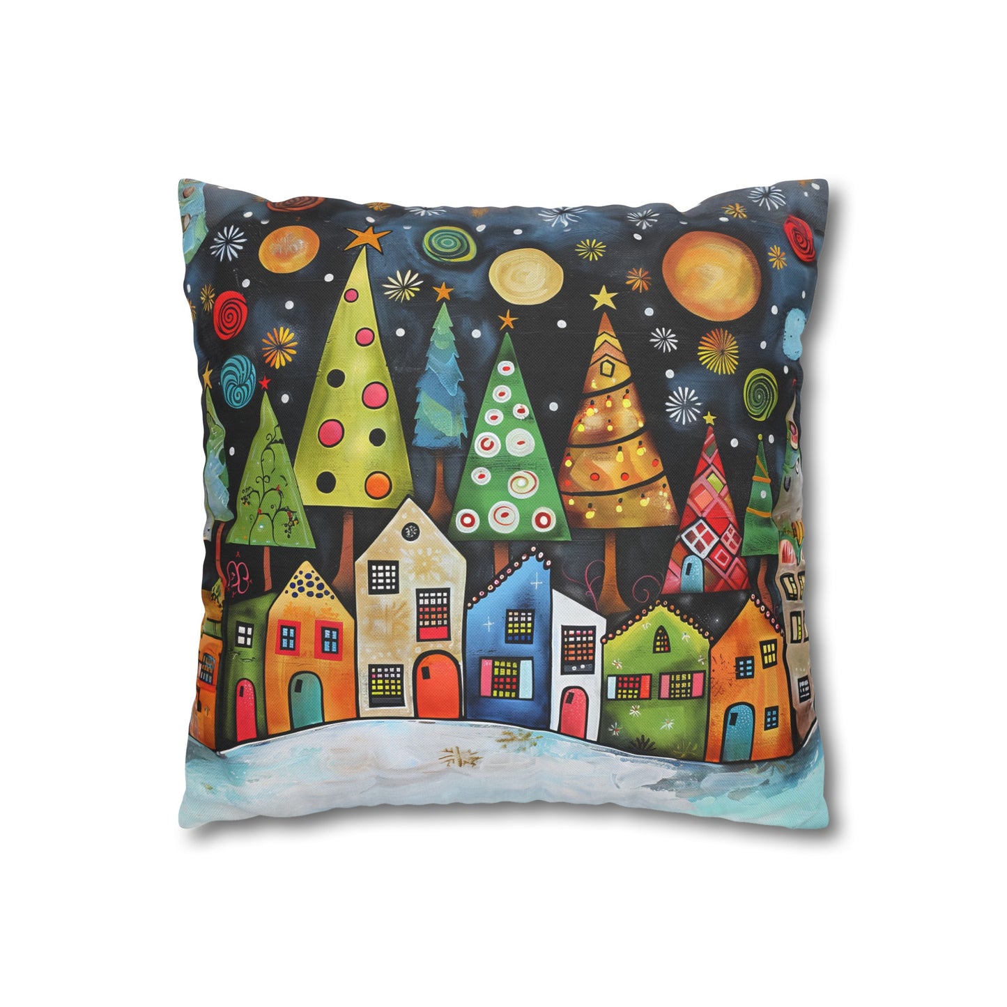 Holiday Haven: Abstract Folk Art Christmas Village Adorned with Christmas Trees Scene Spun Polyester Square Pillowcase 4 Sizes