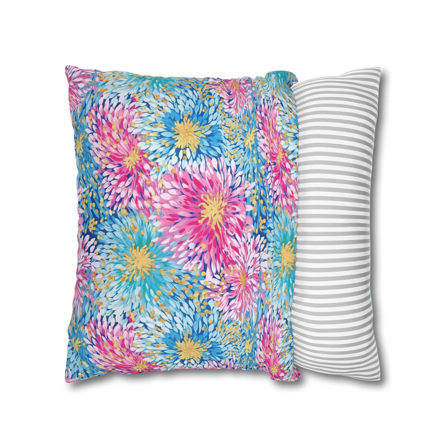 Pastel Harmony: Watercolor Chrysanthemums in Pink, Blue, and Yellow Spun Polyester Square Pillowcase 4 Sizes