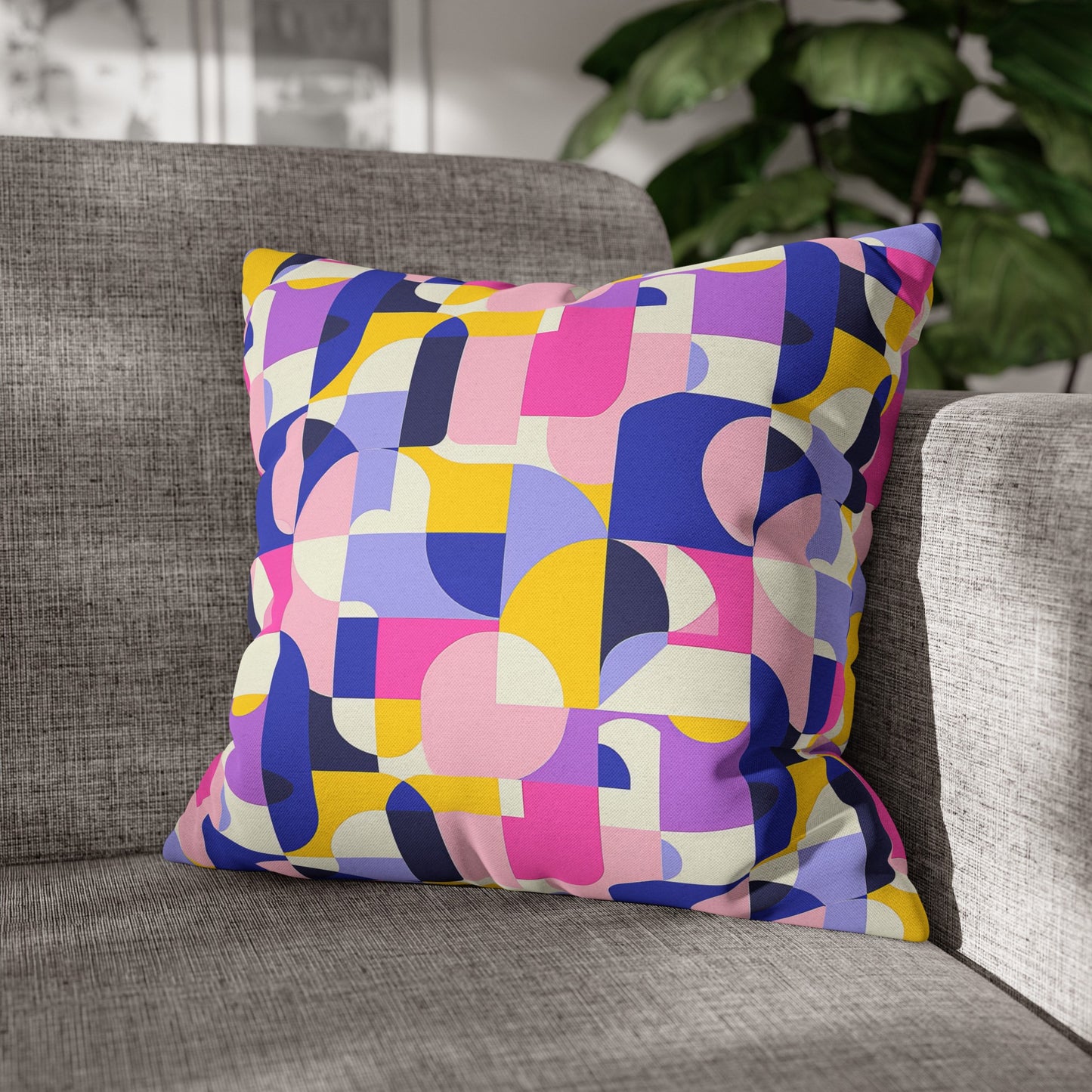 Vibrant Pink, Blue Yellow Color Block Geometric Shapes Spun Polyester Square Pillowcase 4 Sizes