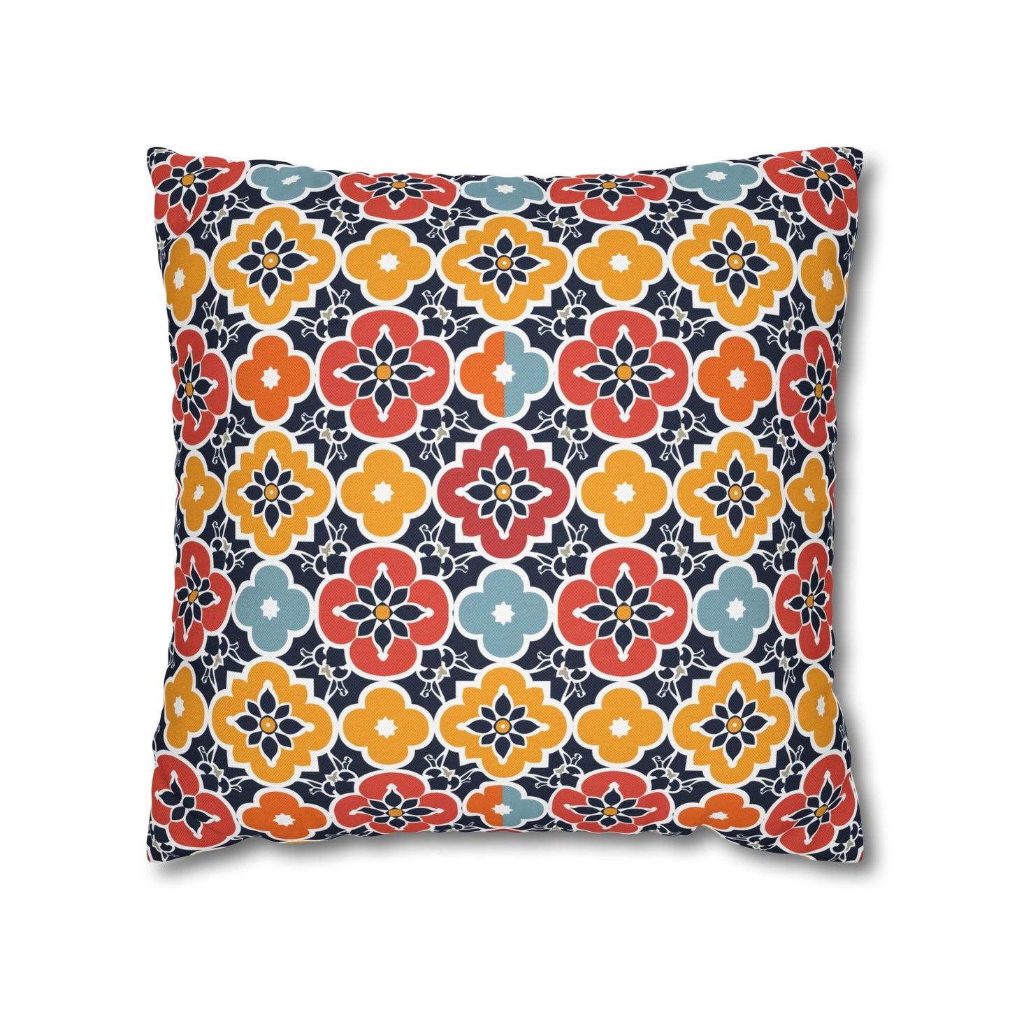 Vibrant Moroccan Orange, Gold and Blue Tile Pattern Spun Polyester Square Pillowcase 4 Sizes