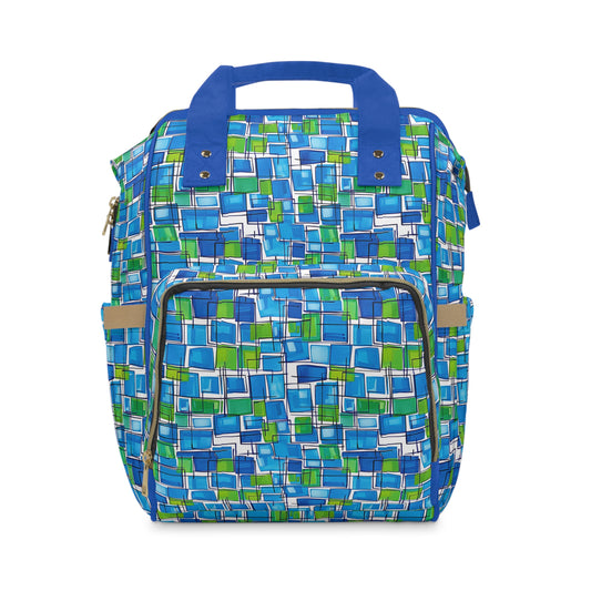 Abstract Interplay of Blue and Green Squares with Meandering Lines Multifunctional Diaper Backpack