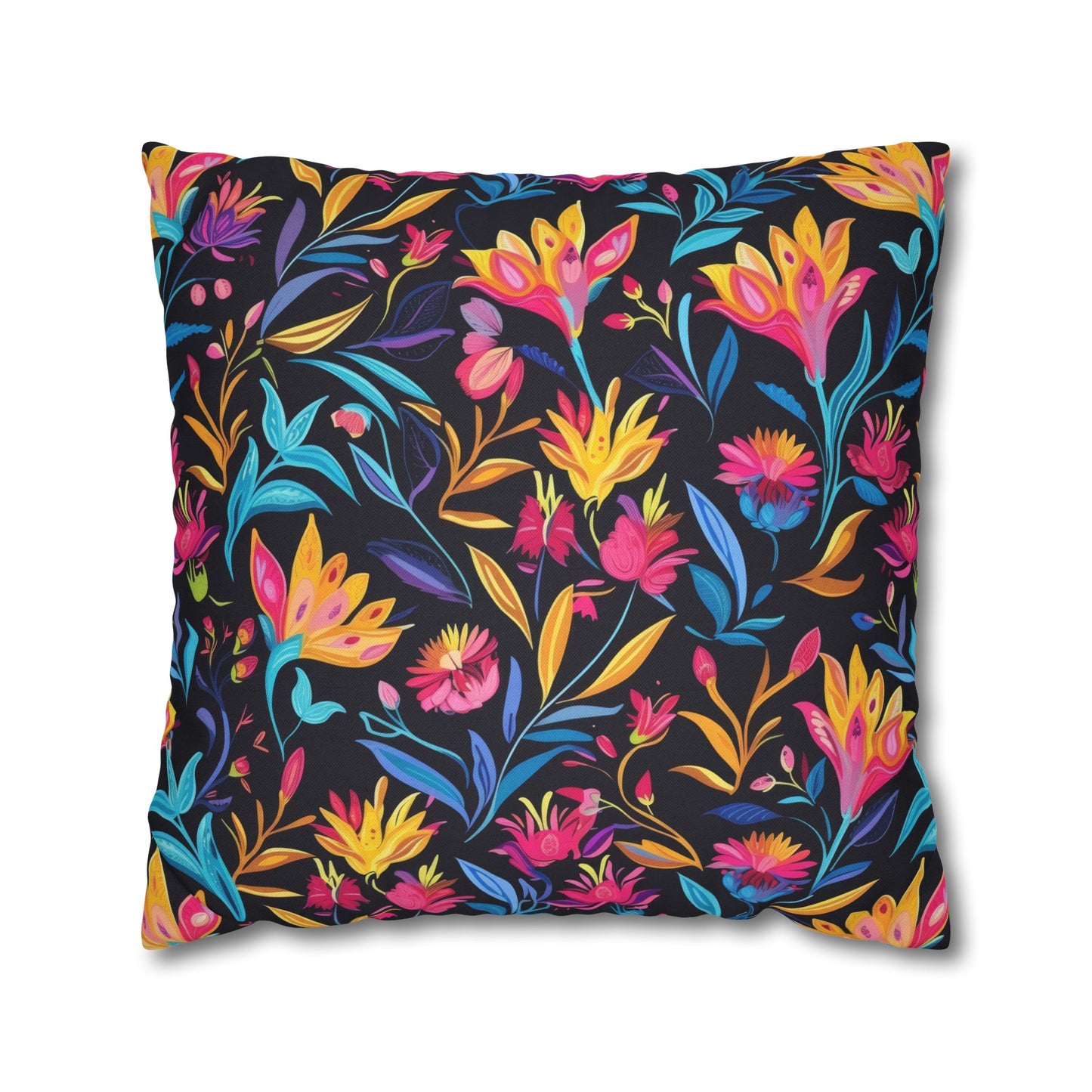 Vibrant Floral Fantasy in Midnight Garden Design Spun Polyester Square Pillowcase 4 Sizes