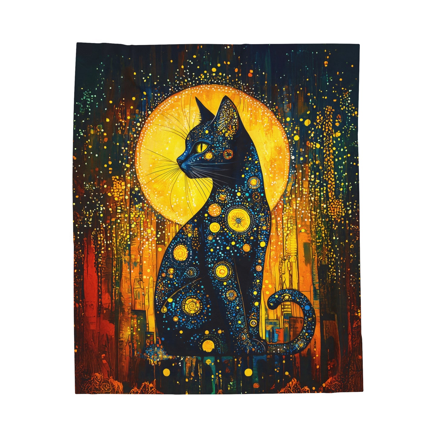 Celestial Cat Adorned in Cosmic Orbs and Starlit Splendor Velveteen Plush Blanket 3 Sizes