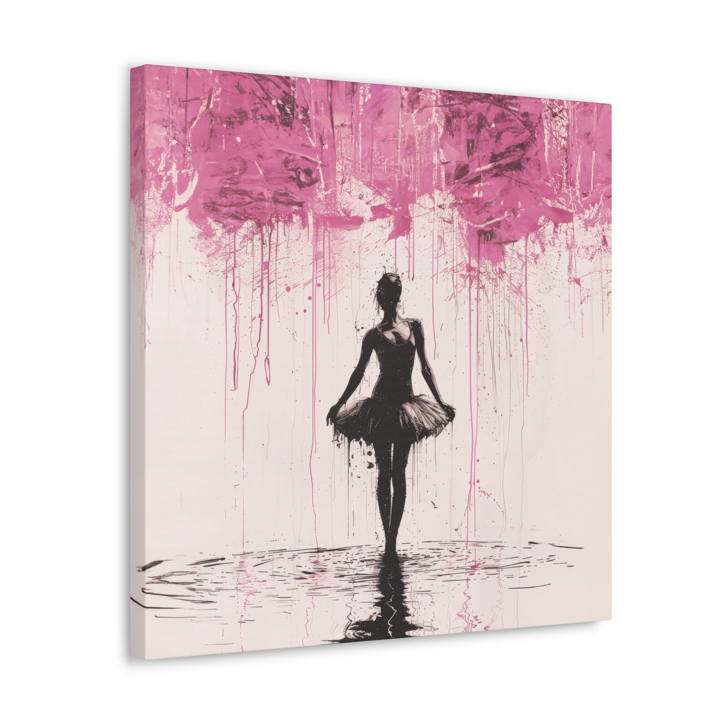 Dreamlike Reverie: Ballerina Dancing Amidst Pink Clouds and Gentle Rain Print on Canvas Gallery - 13 Sizes