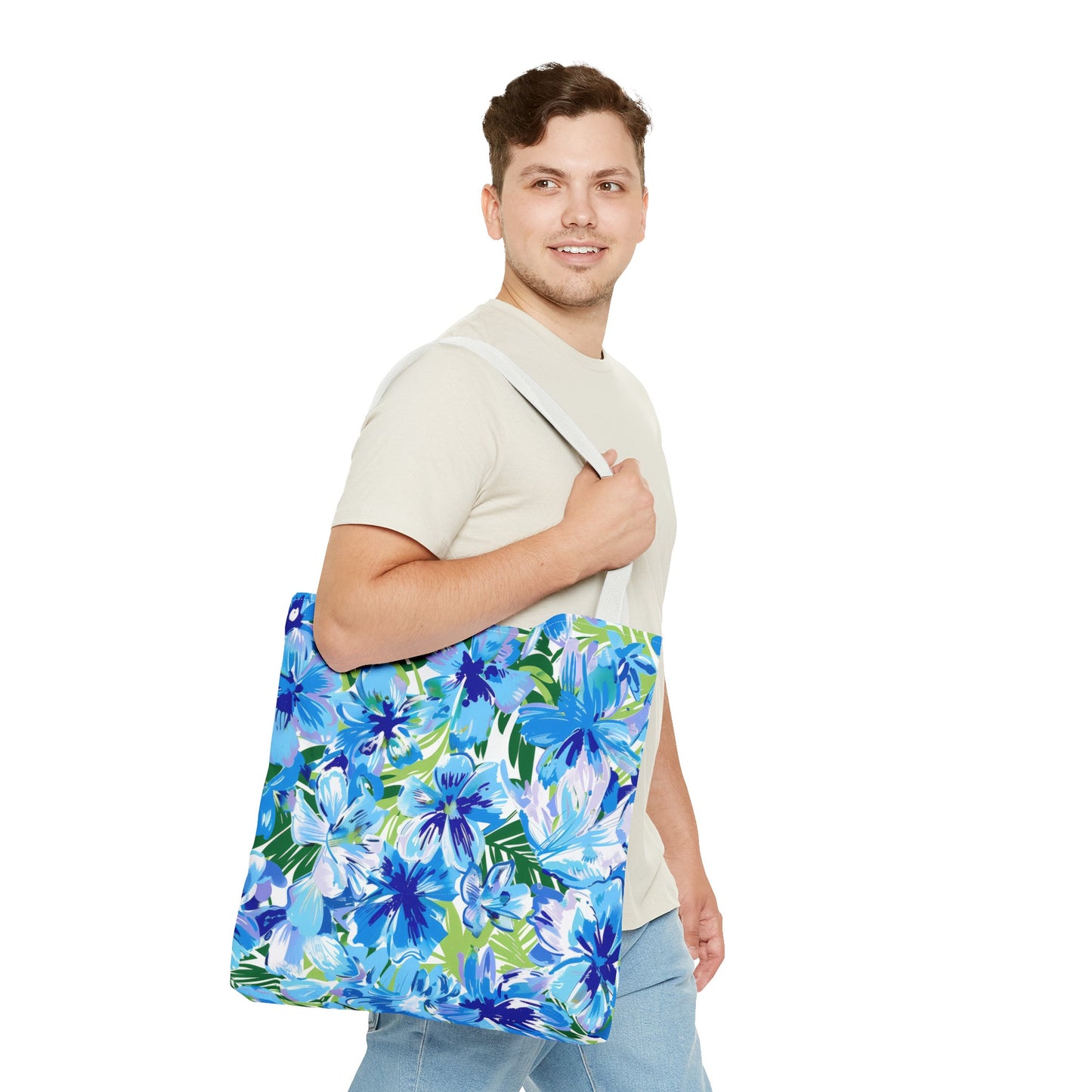 Azure Bloom Oasis: Bright Blue Large Flowers with Lush Green Palm Leaves  Canvas Tote Bag 3 Sizes