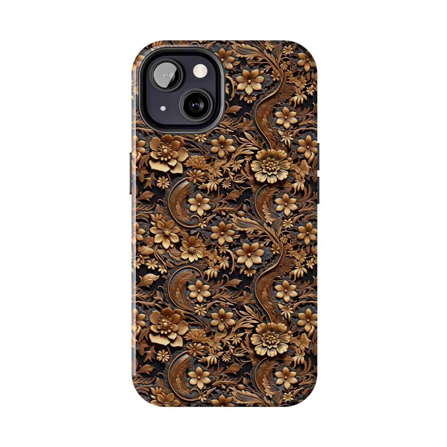 Tooled Leather Large Gold Flowers with Blue Leaf Swirl Accents Print Design Iphone Tough Phone Case