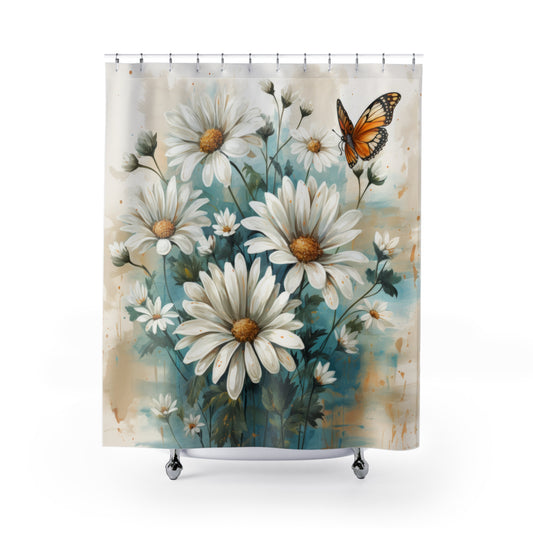 Rustic Farmhouse Teal and White Wild Daisies and Butterflies Bathroom Shower Curtain   71" × 74"