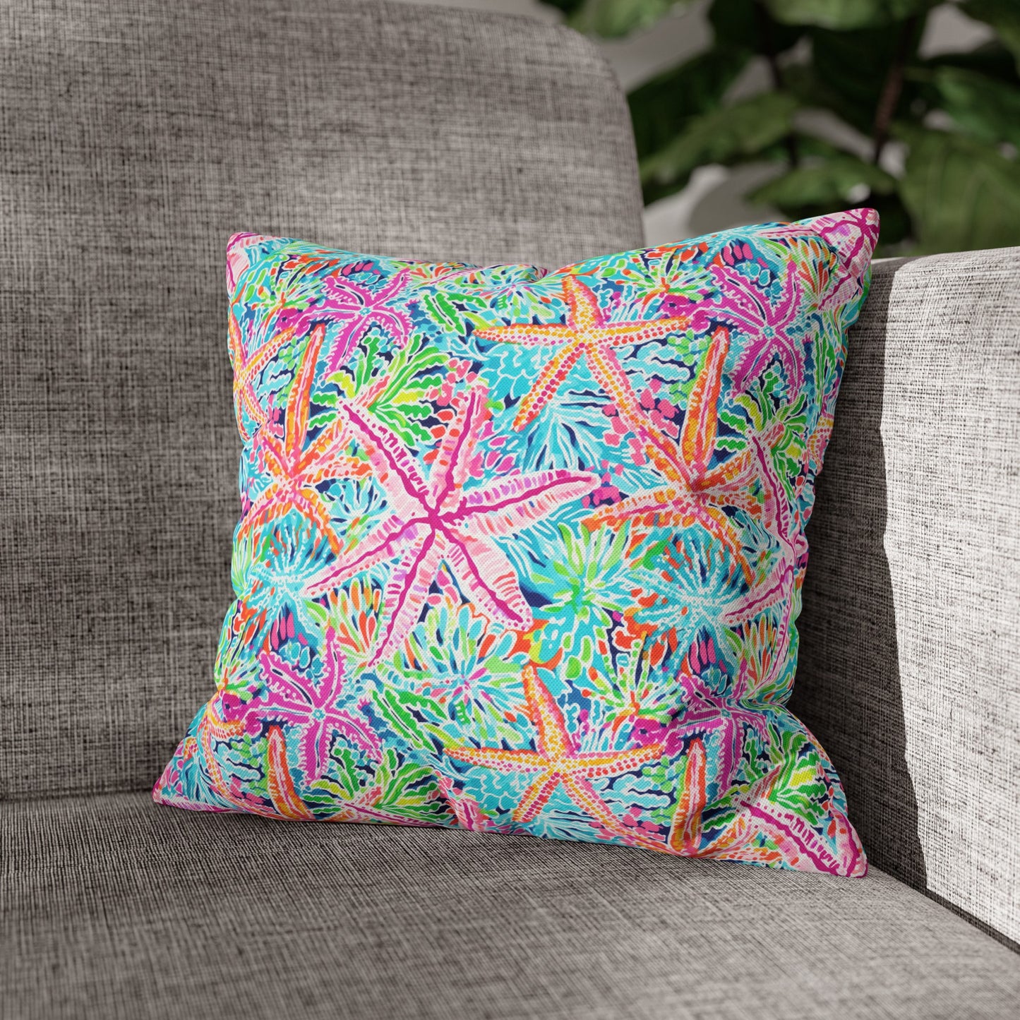 Oceanic Opulence: Vibrant Watercolor Starfish in a Sea of Color Spun Polyester Square Pillowcase 4 Sizes