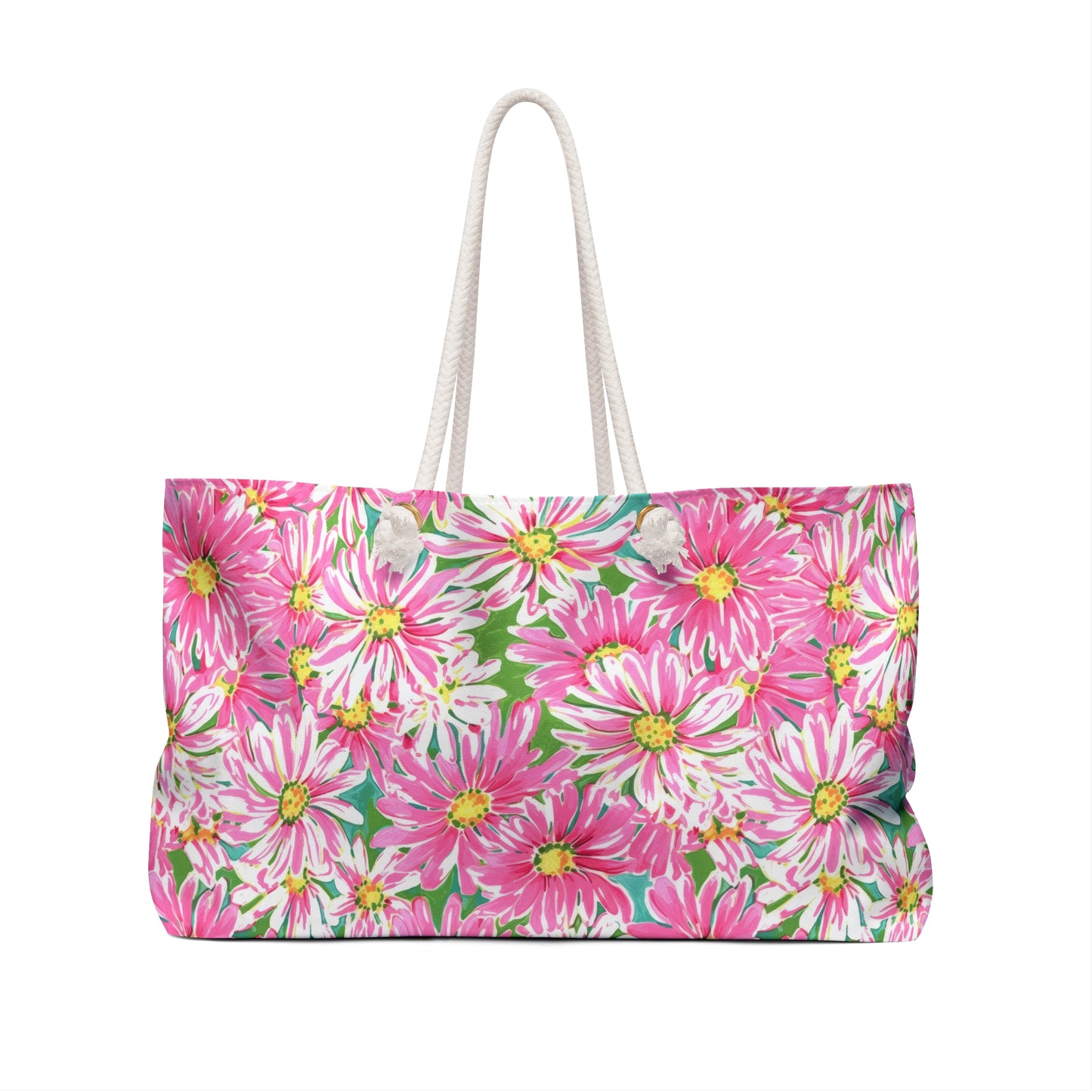 Springs Whisper: Watercolor Pink Daisies Dancing on a Lush Green Stage Oversized Weekender Bag