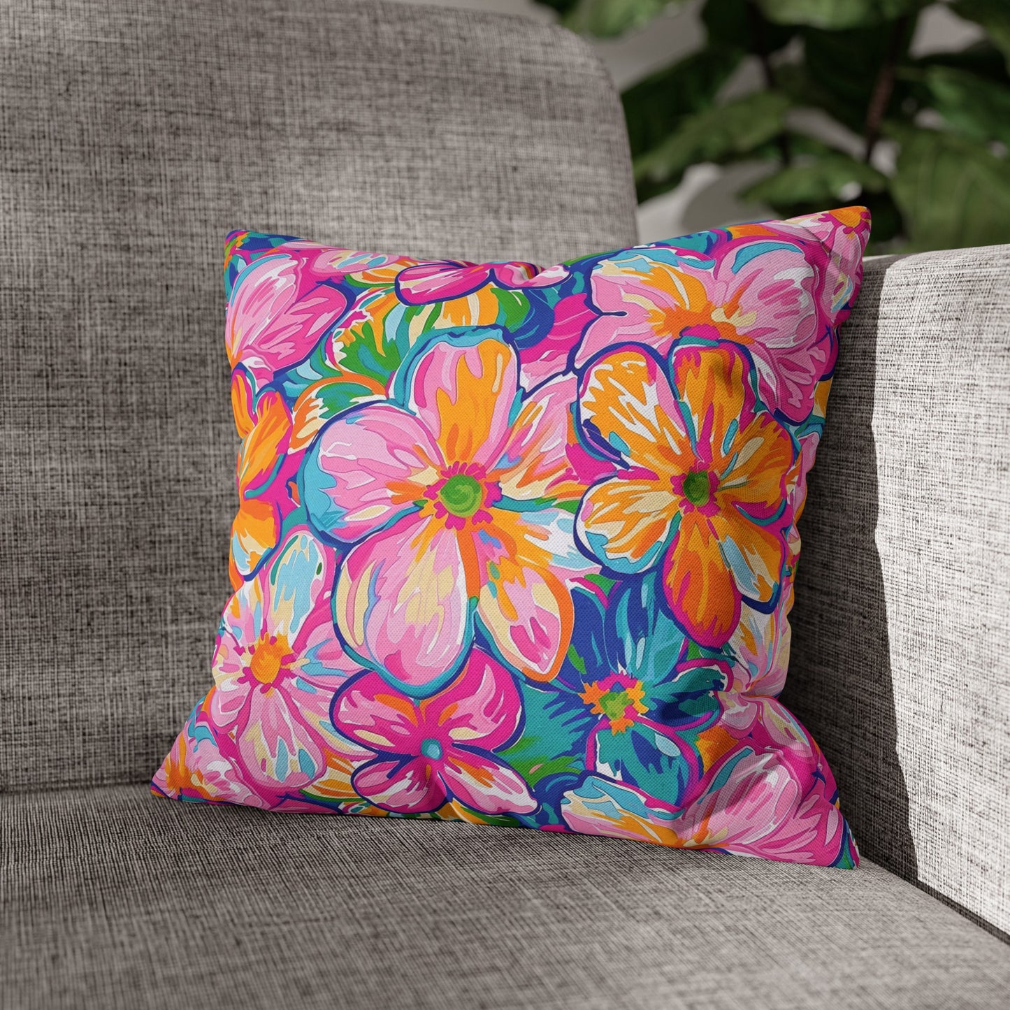 Chromatic Blossoms: Large Watercolor Flowers in Mixed Pinks, Blues, and Oranges Spun Polyester Square Pillowcase 4 Sizes