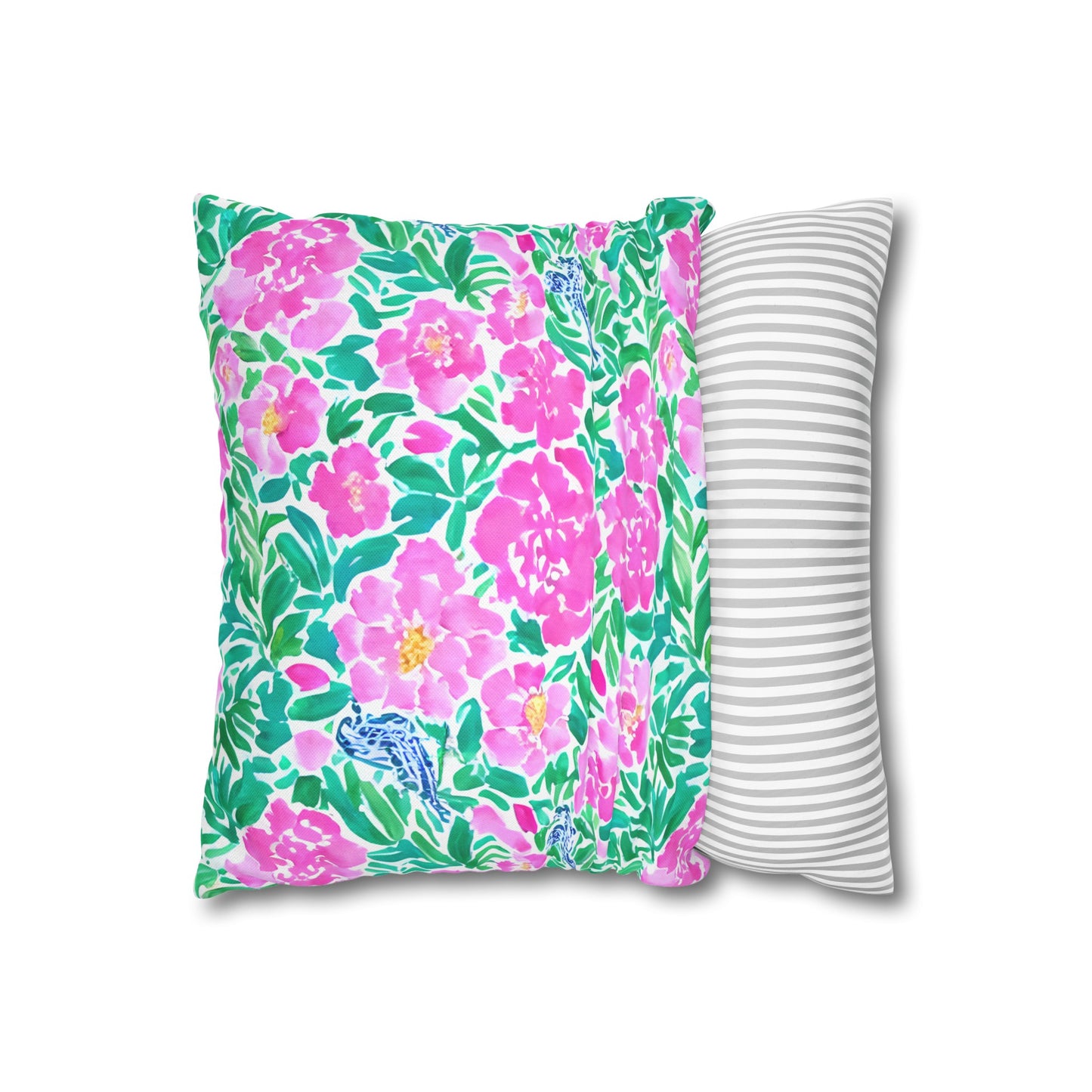 Springtime Whispers: Tiny Birds and Pink Blooms, Subtle Blue Accents, and Lush Green Leaves Spun Polyester Square Pillowcase 4 Sizes