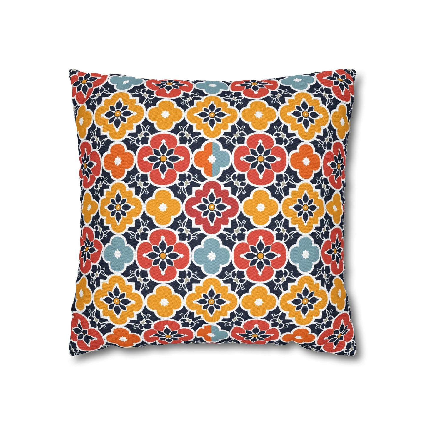 Vibrant Moroccan Orange, Gold and Blue Tile Pattern Spun Polyester Square Pillowcase 4 Sizes