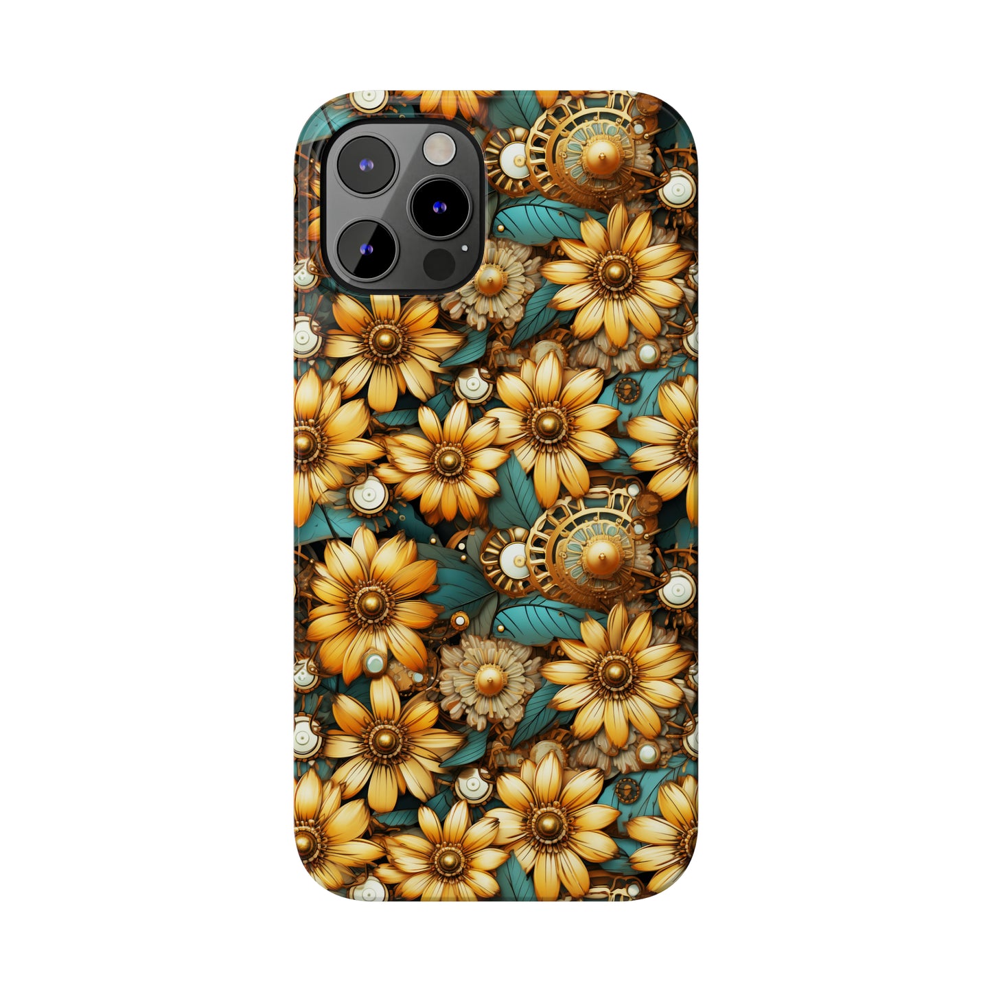 Victorian Steampunk Gold Flowers Teal Background with Gears and Mechanical Elements Iphone 15-12 Slim Phone Case