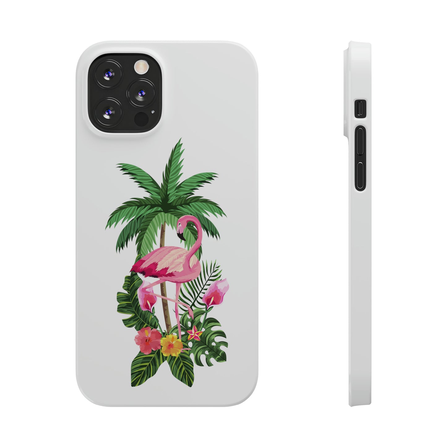 Tropical Pink Flamingo and Flowers White Background Iphone 15-12 Slim Phone Case