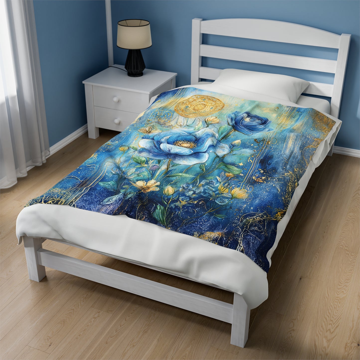 Celestial Blossoms in A Symphony in Blue Velveteen Plush Blanket 3 Sizes