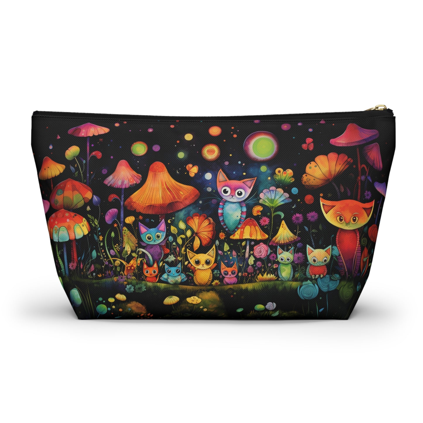 Mystical Cats Amidst a Garden of Flowers and Mushrooms, Beneath a Starry Sky - Makeup & Accessory Bag 2 Sizes