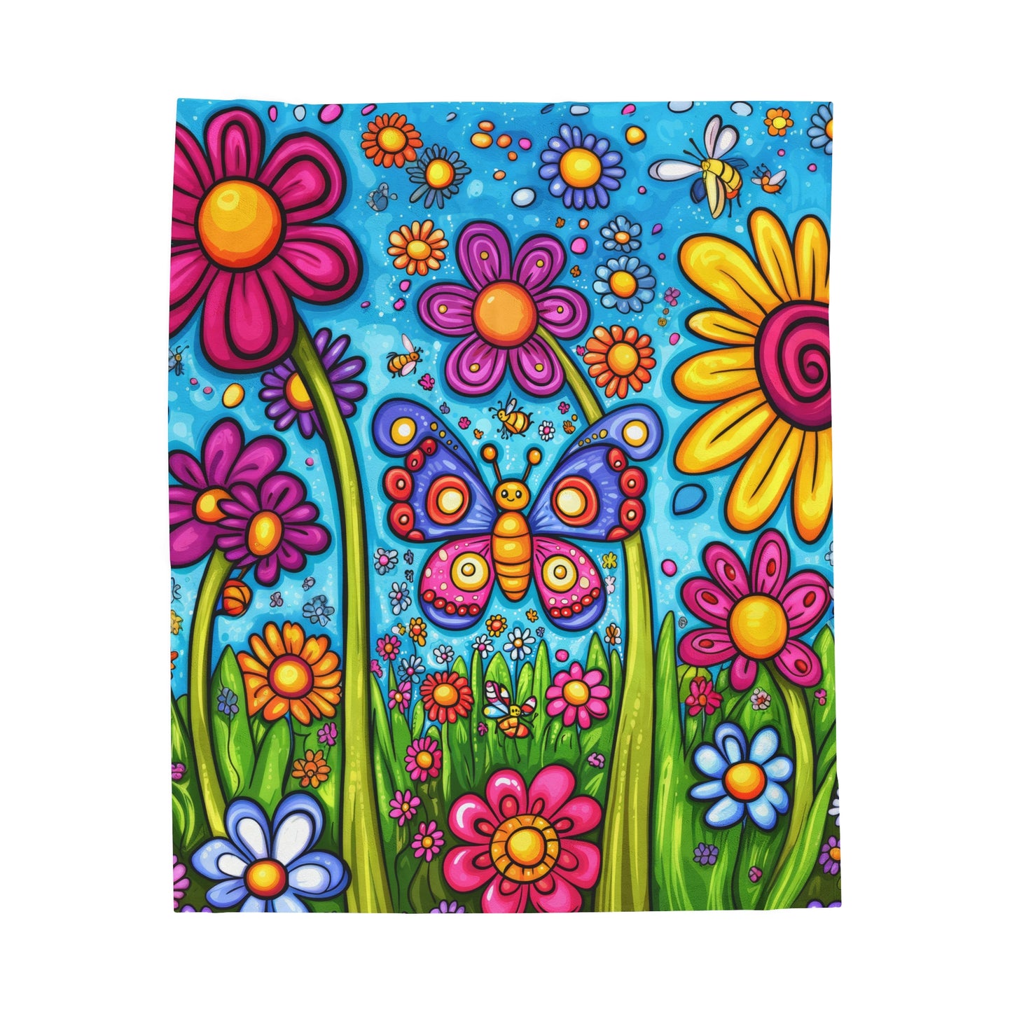 Vibrant Butterfly in Floral Fantasy with Bees and Blossoms Velveteen Plush Blanket 3 Sizes