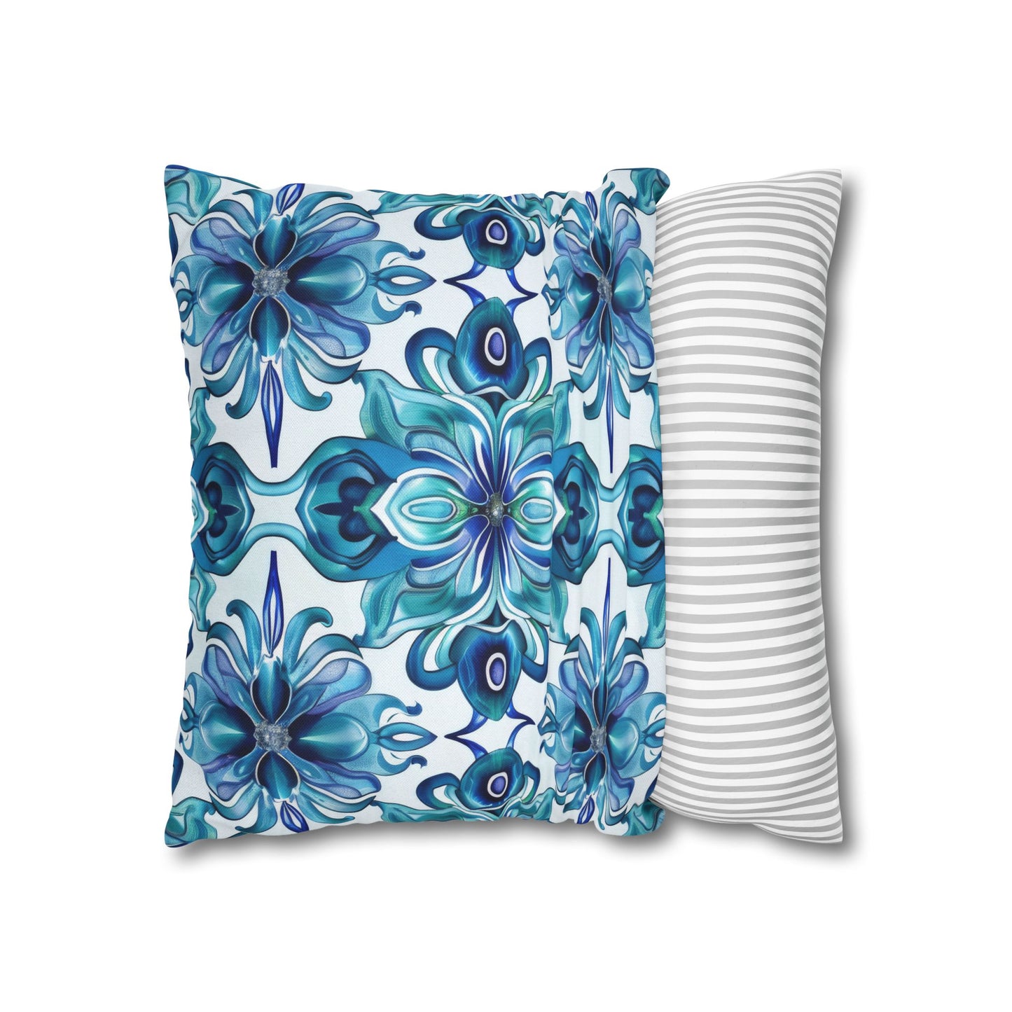 Blossom Symphony of Blue Teal Intricate Floral Pattern Spun Polyester Square Pillowcase 4 Sizes