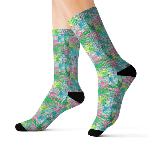 Whimsical Palm Trees and Flowers in Vibrant Pink, Teal, and Green Collage Ribbed Crew Socks