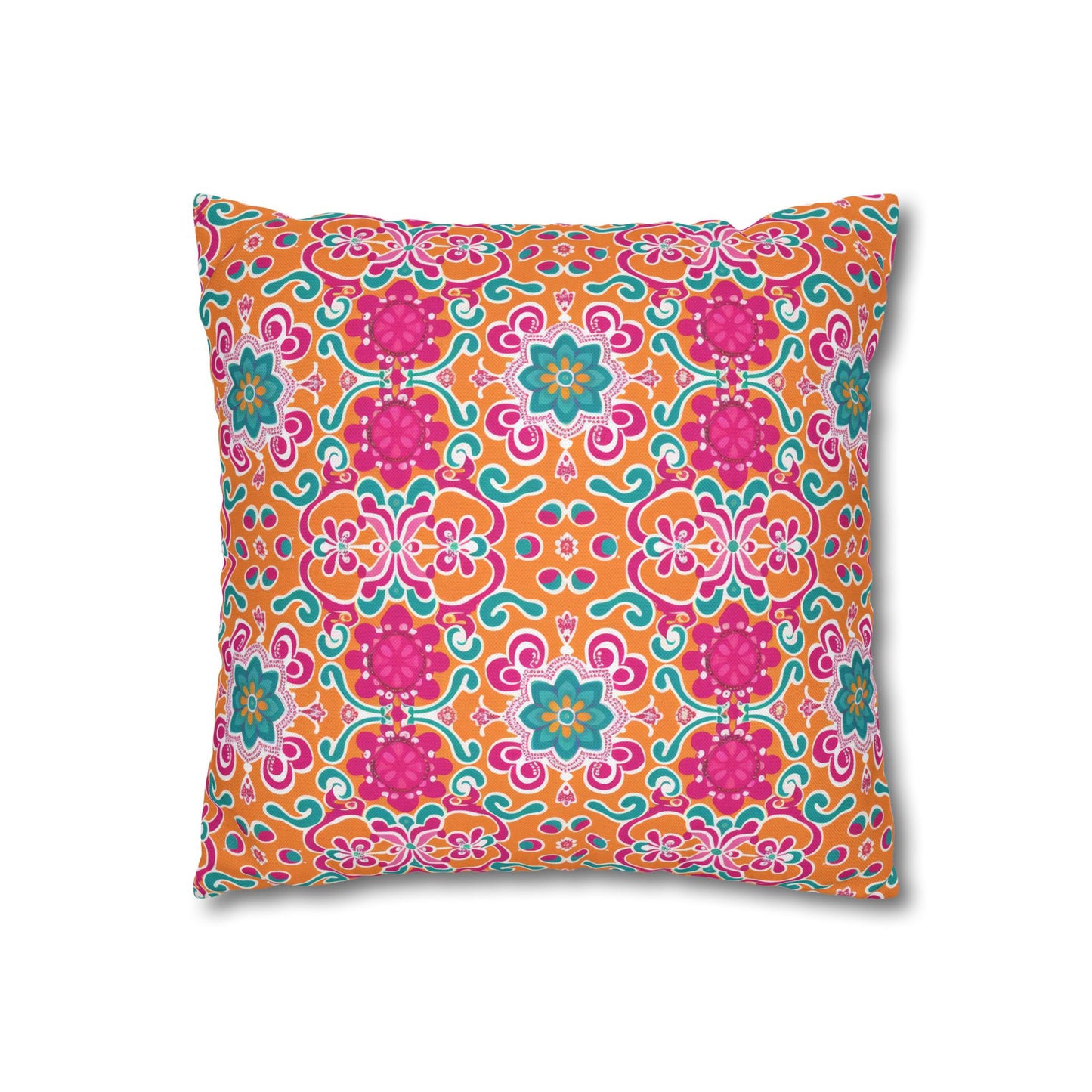 Kaleidoscope of Warm Tangerine, Lush Teal, and Lively Pink Blooms Polyester Square Pillowcase 4 Sizes