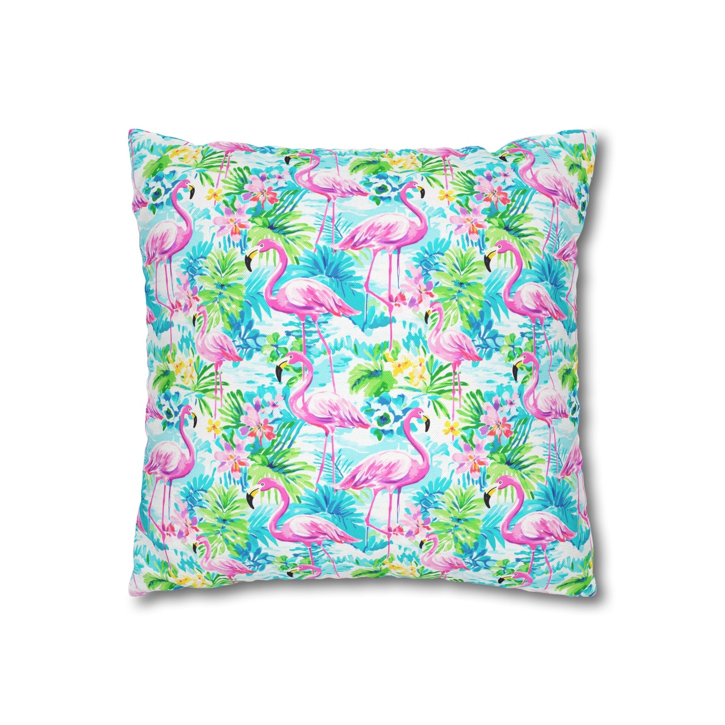 Tropical Flamingo Haven: Surrounded by Flowers and Palm Trees Spun Polyester Square Pillowcase 4 Sizes