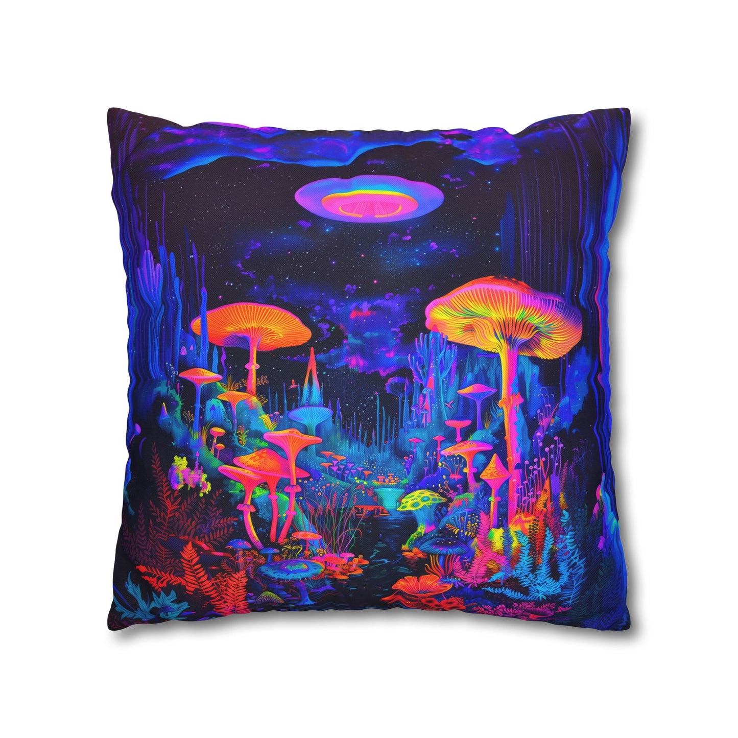 Vibrant Psychedelic Fantasy Neon Mushroom Forest Landscape Spun Polyester Square Pillowcase 4 Sizes