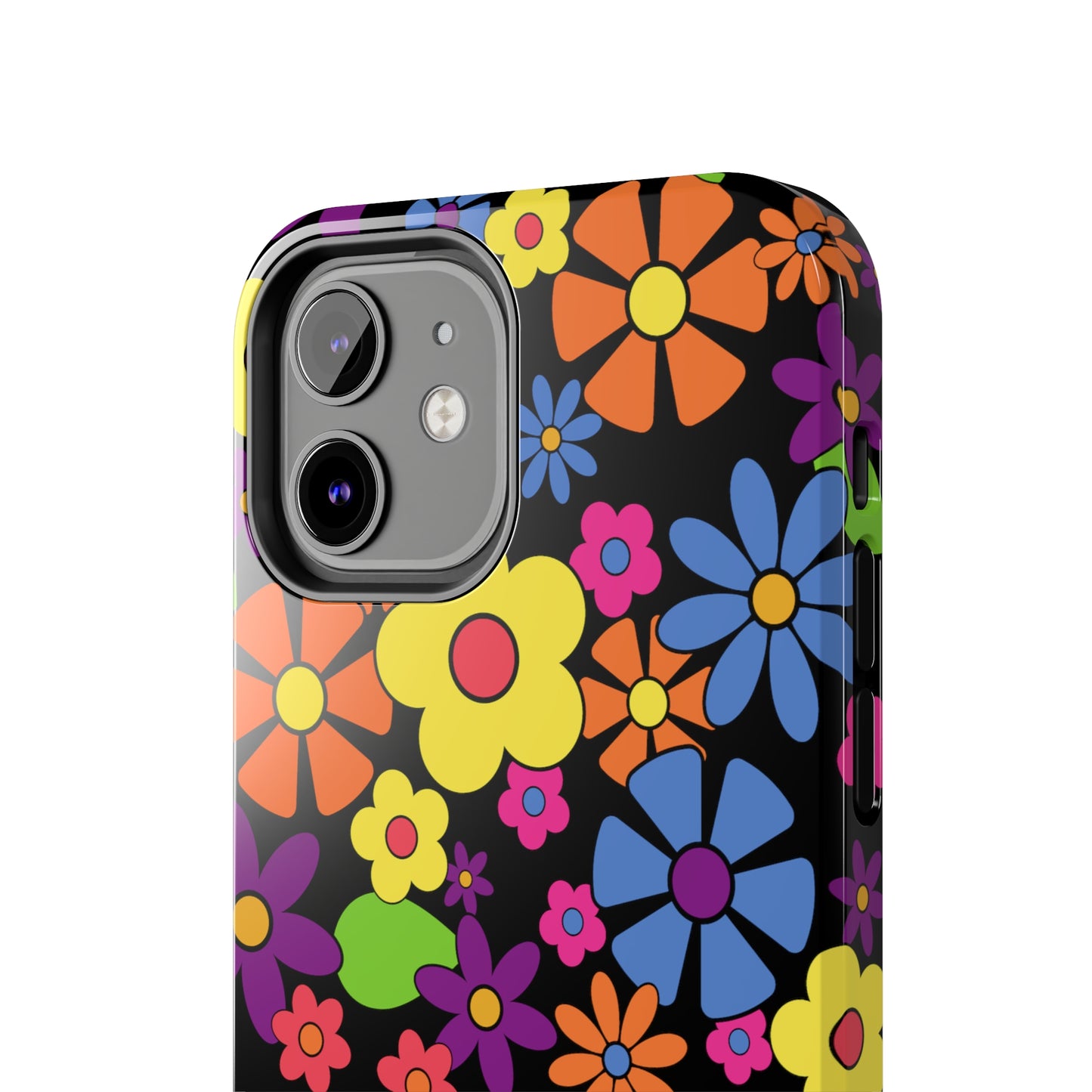 Flower Power Design on Black Background Iphone Tough Phone Case