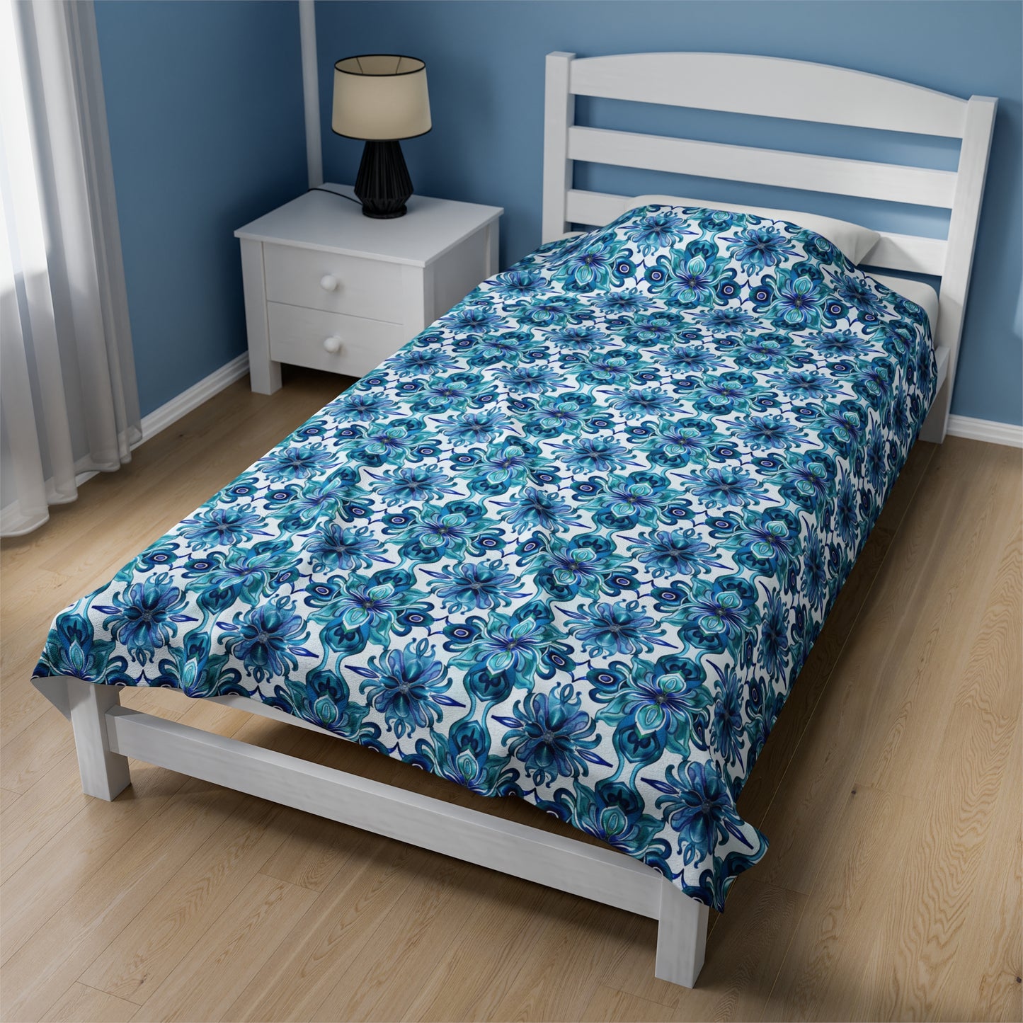 Blossom Symphony of Blue Teal Intricate Floral Pattern Velveteen Plush Blanket 3 Sizes