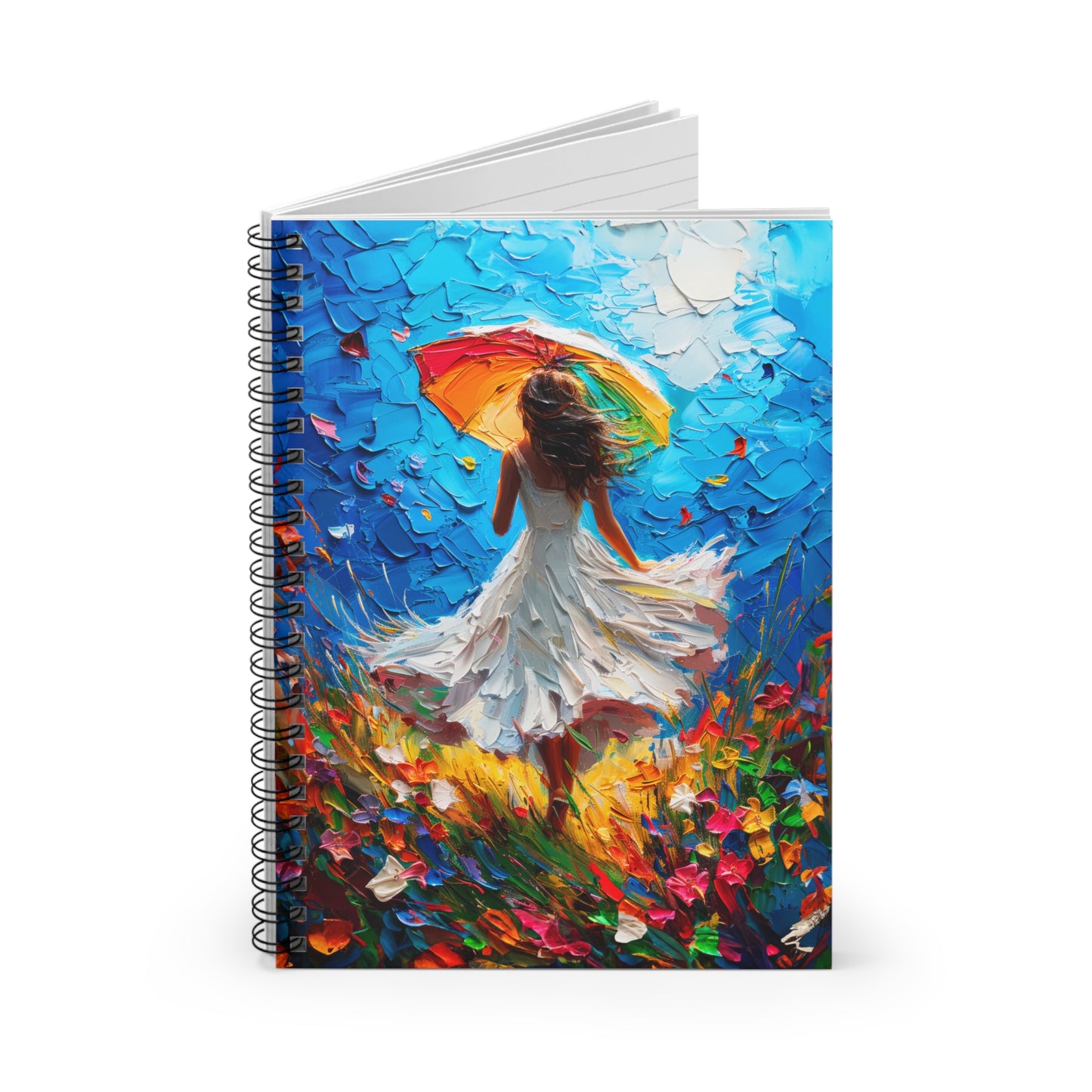 Spring Sunshine Women Swirling in White Dress in Field of Flowers - Spiral Notebook Ruled Line 6"x8"