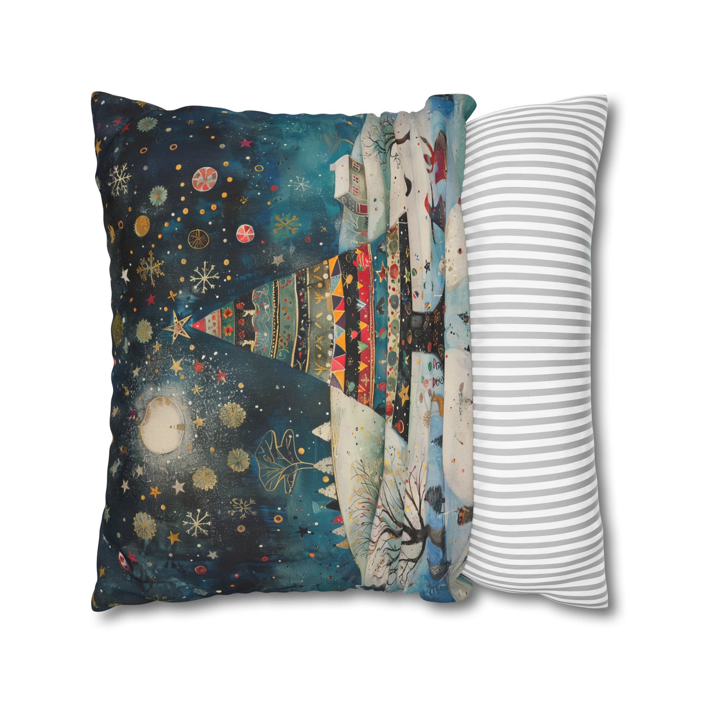 Nighttime Delights: Folk Art Christmas Tree Illuminating a Town, with Joyful Children Playing Below Spun Polyester Square Pillowcase 4 Sizes