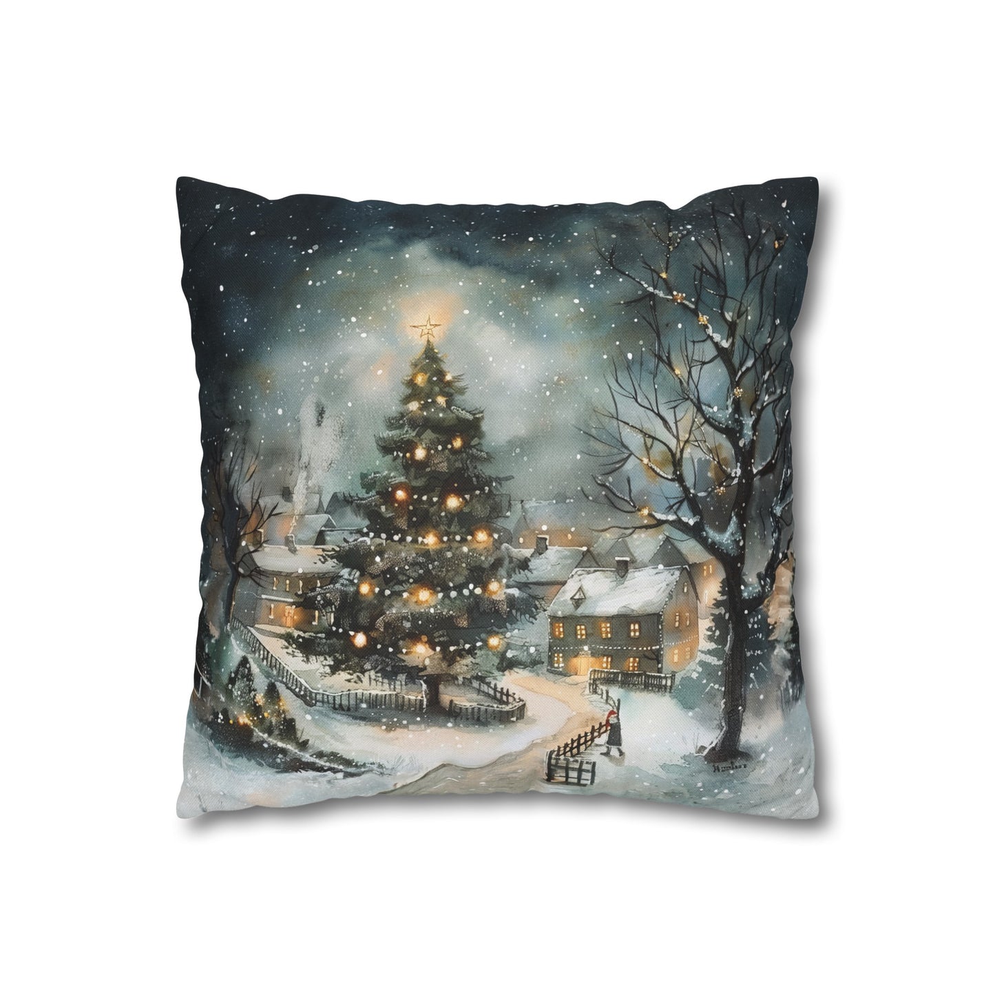 Winter Wonderland Glow: Christmas Tree Illuminating a Snowy Village Spun Polyester Square Pillowcase 4 Sizes