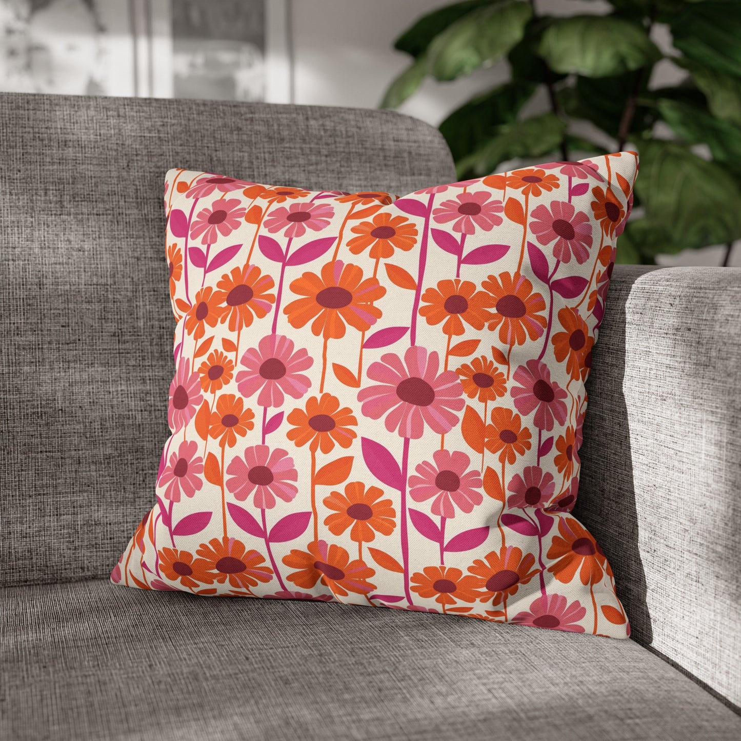 Retro Floral Bliss with Bold Pink and Orange Flower Design Spun Polyester Square Pillowcase 4 Sizes