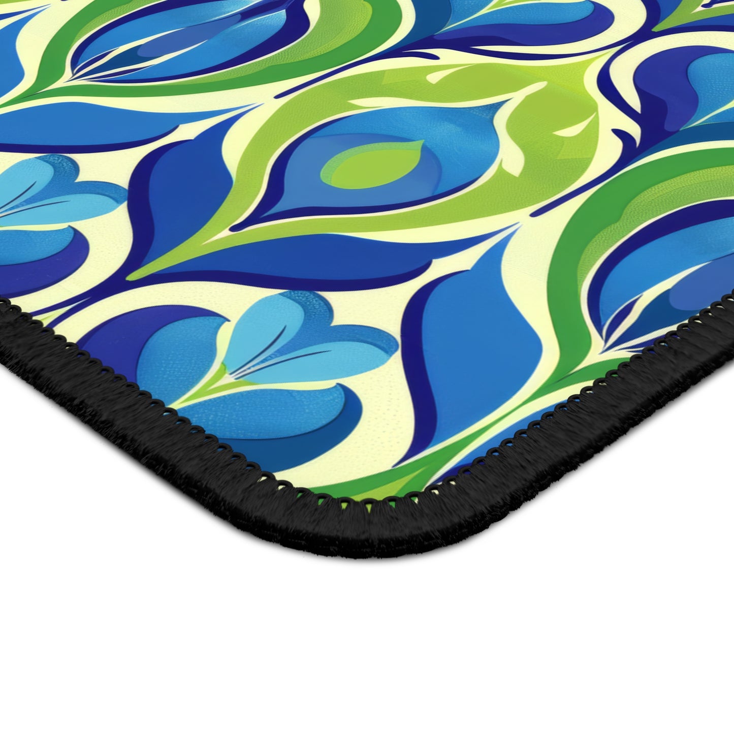 Retro Vibrant Peacock Blue and Green Floral Design Gaming Mouse Pad with Finished Edges