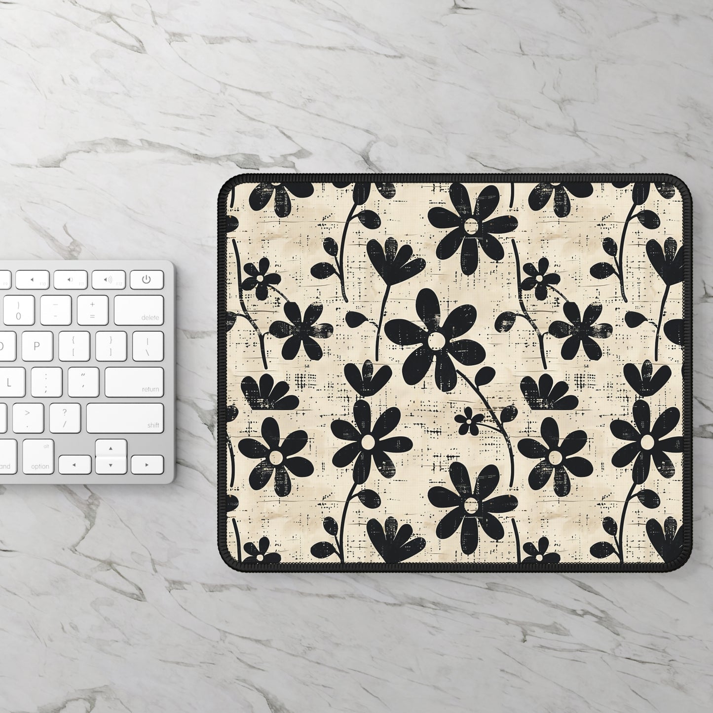 Distressed Black Floral on Beige Background Gaming Mouse Pad with Finished Edges