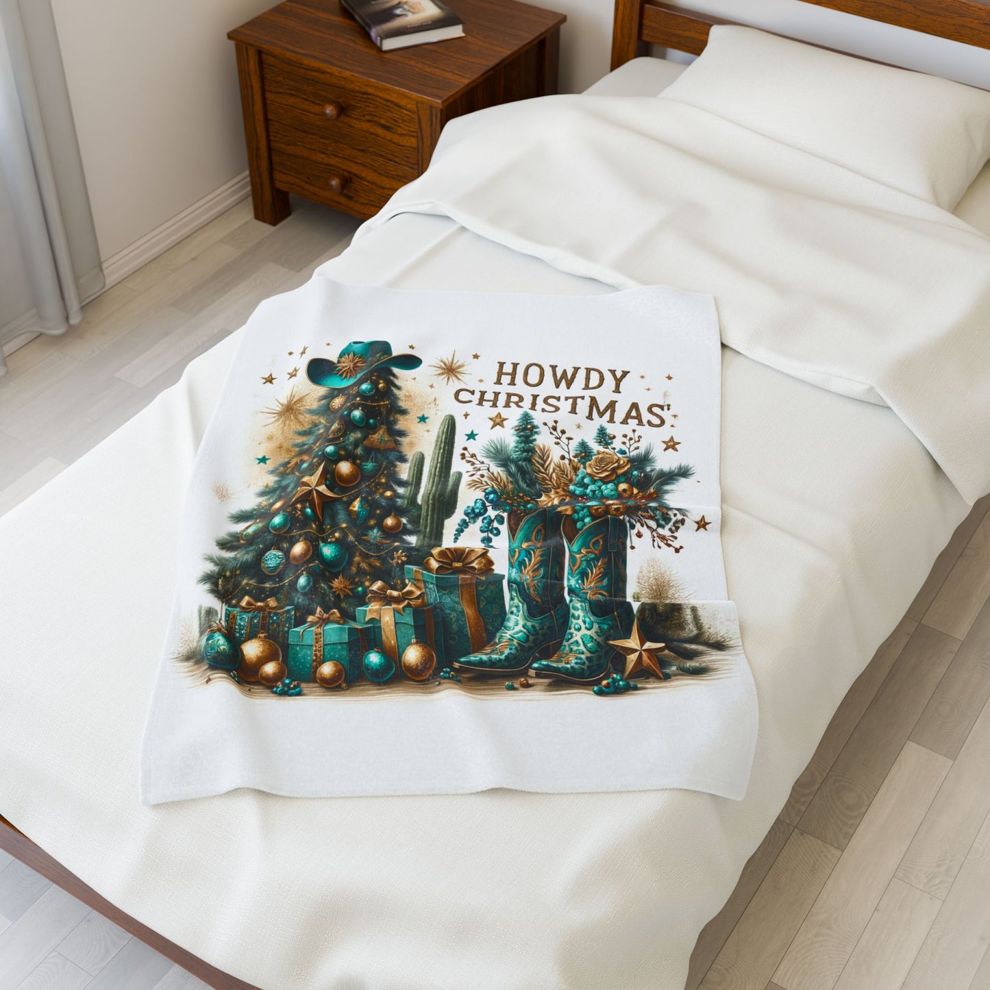 Country Western Howdy Christmas Green and Gold Sparkle Velveteen Plush Blanket 3 Sizes