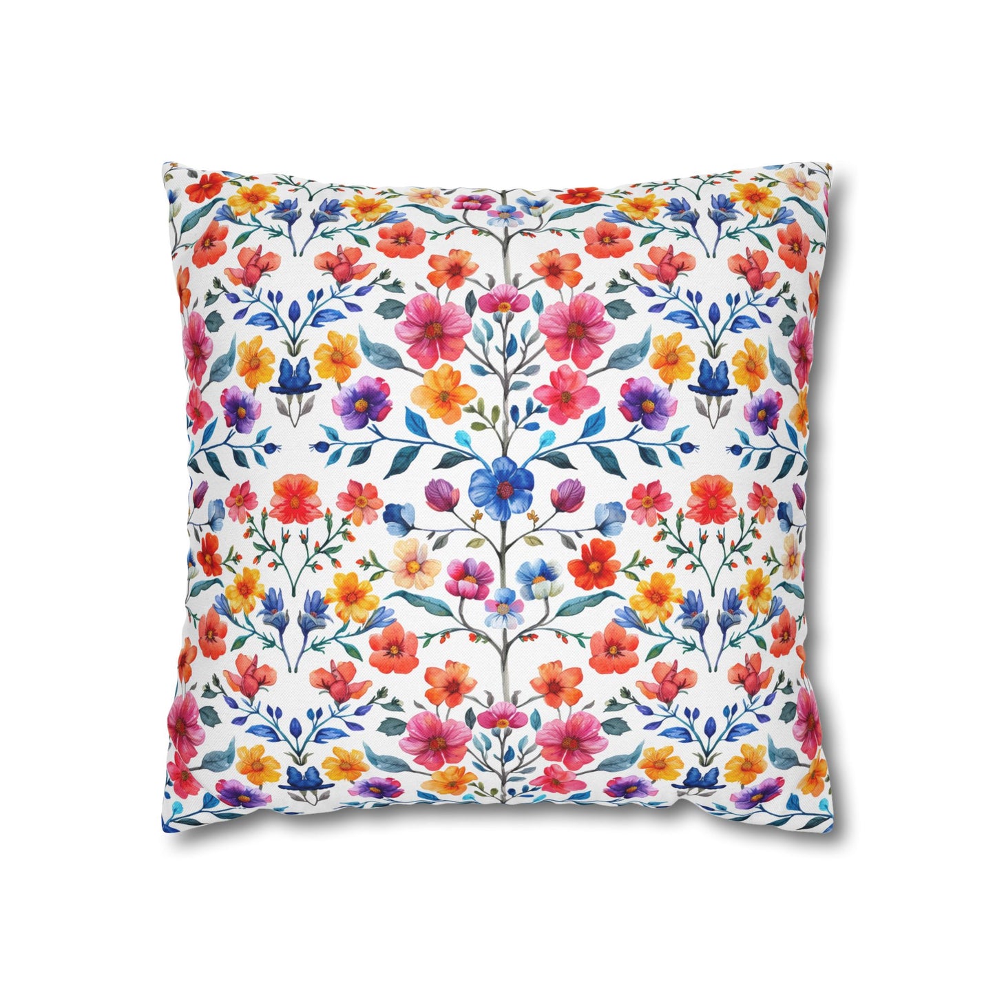 Botanical Symphony with Vibrant Watercolor Flowers  Spun Polyester Square Pillowcase 4 Sizes