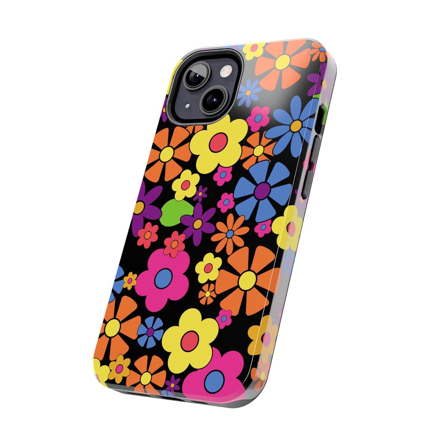 Flower Power Design on Black Background Iphone Tough Phone Case