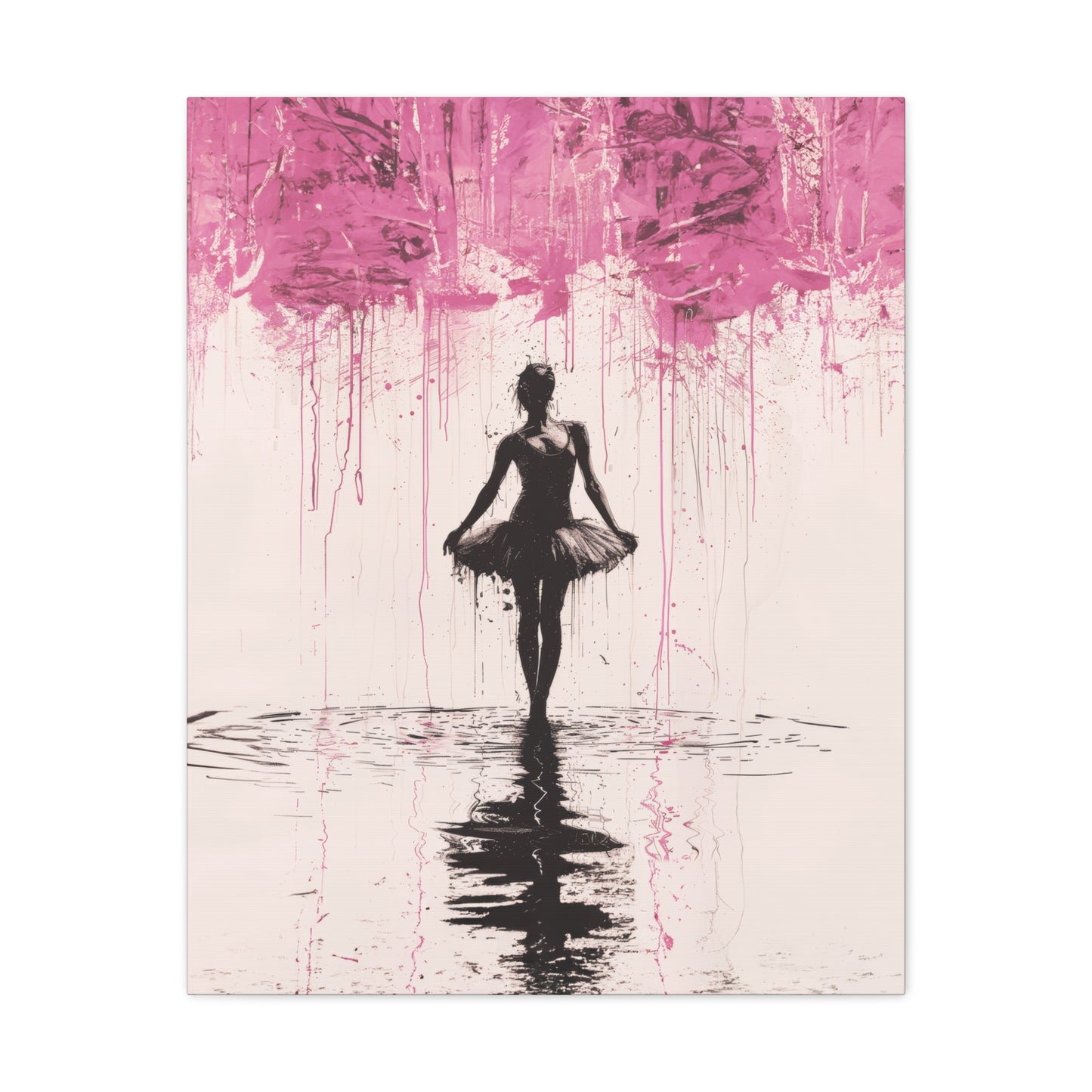 Dreamlike Reverie: Ballerina Dancing Amidst Pink Clouds and Gentle Rain Print on Canvas Gallery - 13 Sizes