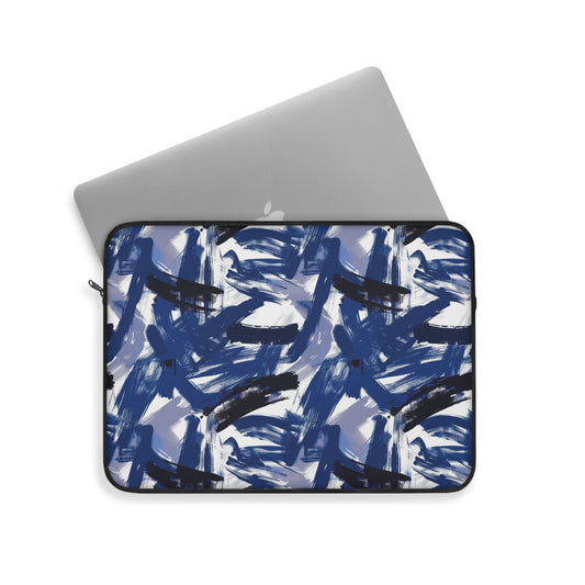 Midnight Frenzy Bold Abstract Brush Strokes in Shades of Deep Blue and White Laptop or Ipad Protective Sleeve 3 Sizes Available