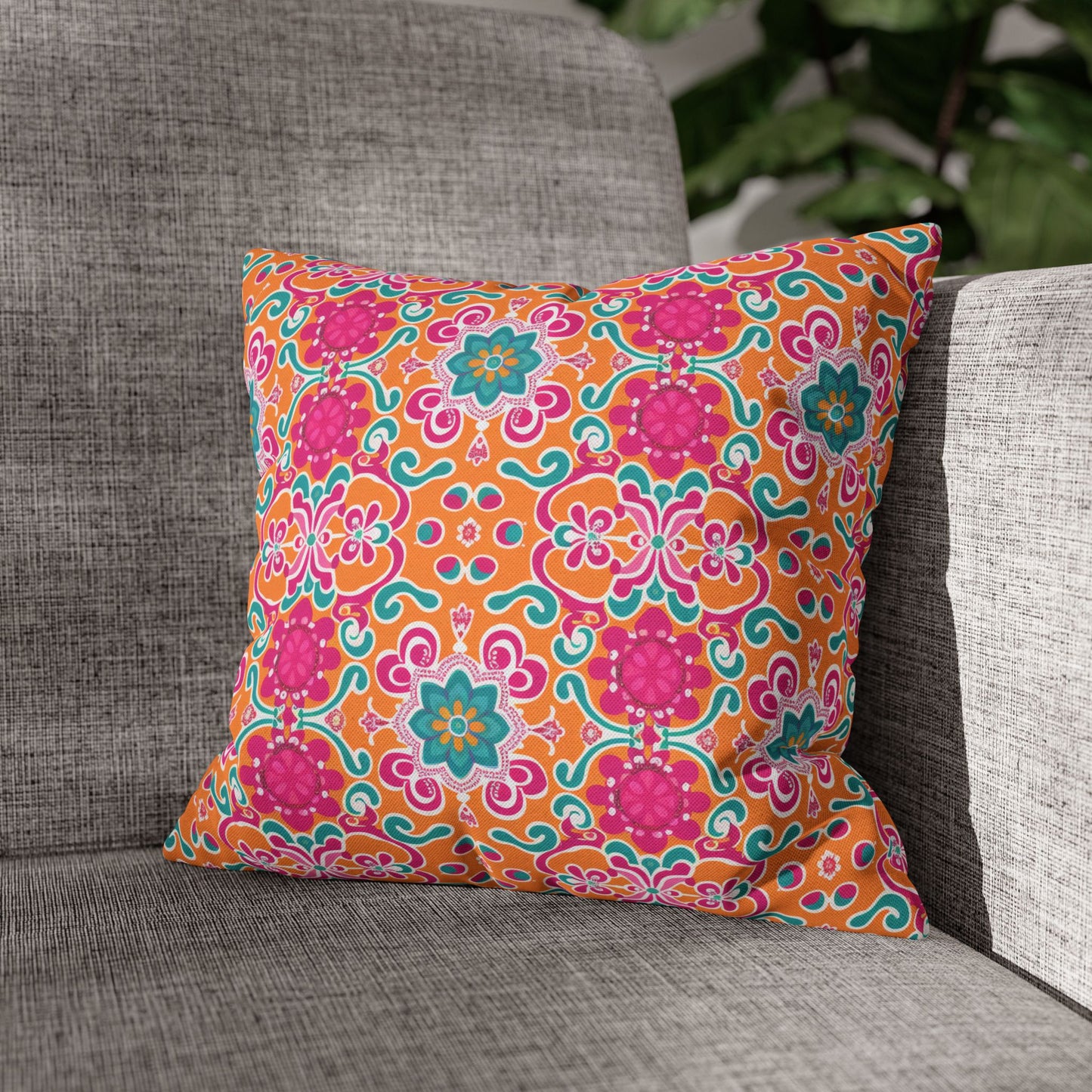 Kaleidoscope of Warm Tangerine, Lush Teal, and Lively Pink Blooms Polyester Square Pillowcase 4 Sizes