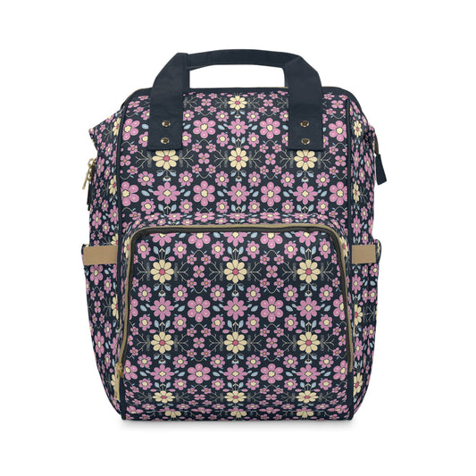 Charming Pastel Pink and Yellow Flowers on Navy Blue Background Multifunctional Diaper Backpack